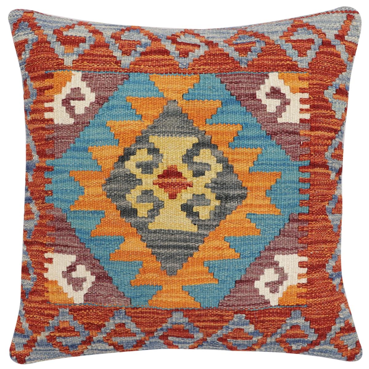 handmade Traditional Pillow Rust Blue Hand-Woven SQUARE 100% WOOL Hand woven turkish pillow2 x 2