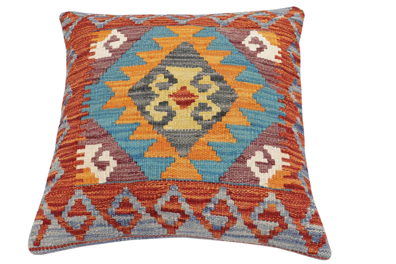 handmade Traditional Pillow Rust Blue Hand-Woven SQUARE 100% WOOL Hand woven turkish pillow2 x 2