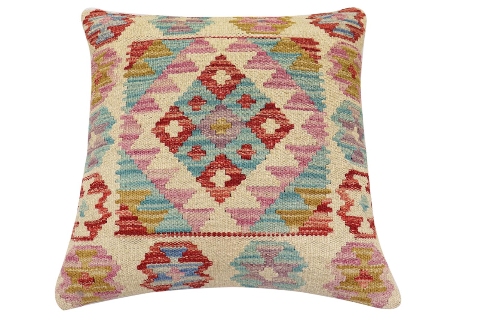 handmade Traditional Pillow Beige Red Hand-Woven SQUARE 100% WOOL Hand woven turkish pillow2 x 2