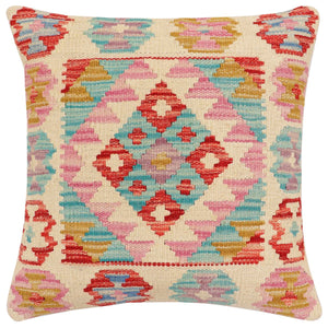 18x18 hand woven kilim throw pillow in beige, red and blue - Rustic Irish