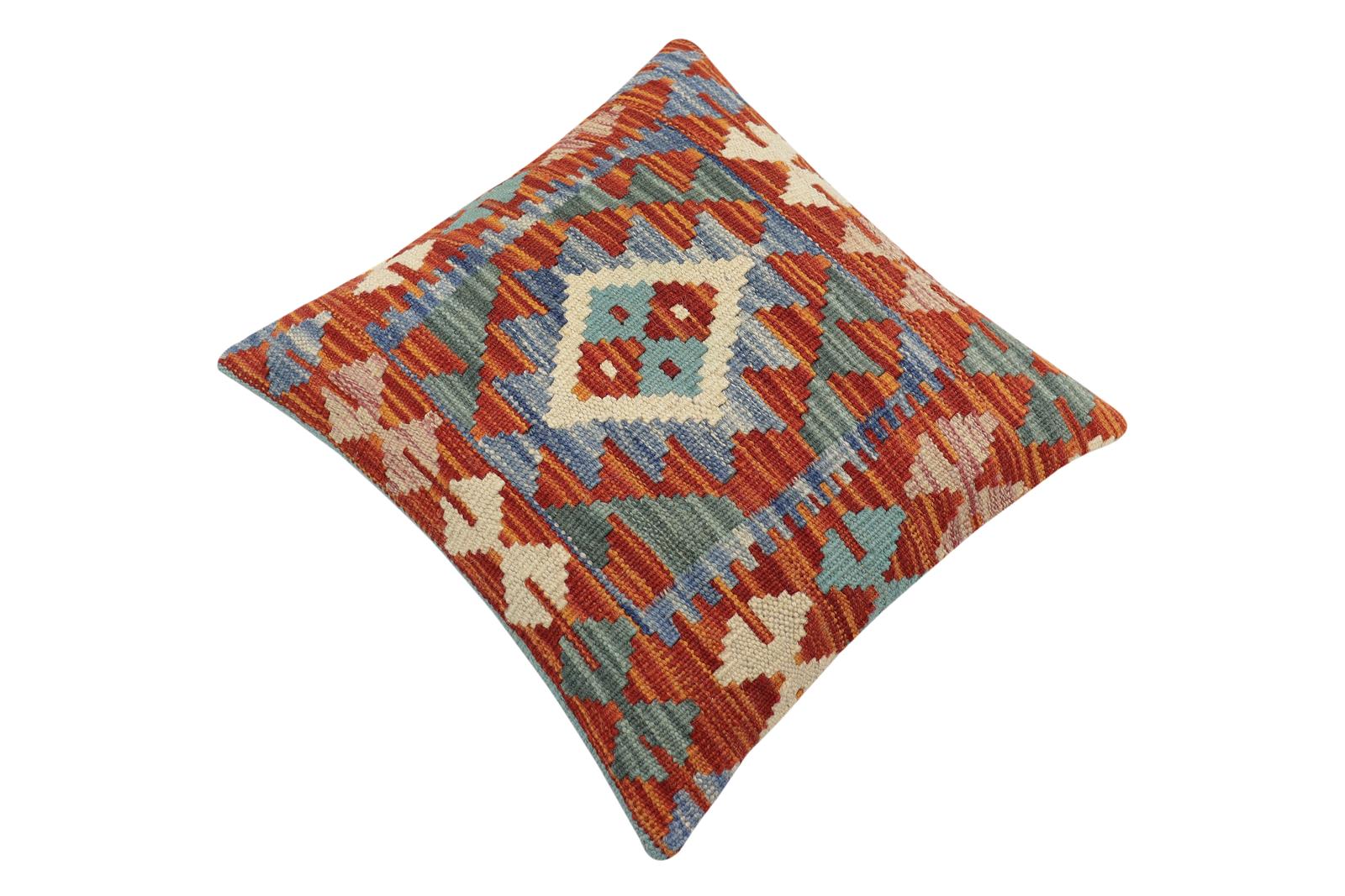 handmade Traditional Pillow Rust Blue Hand-Woven SQUARE 100% WOOL Hand woven turkish pillow2 x 2
