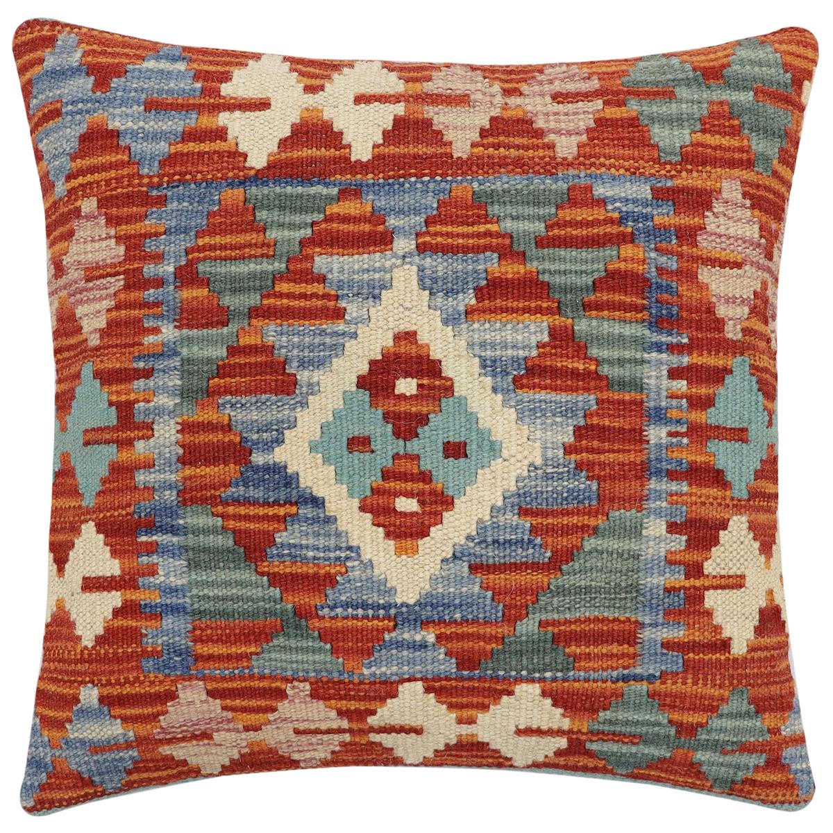 handmade Traditional Pillow Rust Blue Hand-Woven SQUARE 100% WOOL Hand woven turkish pillow2 x 2