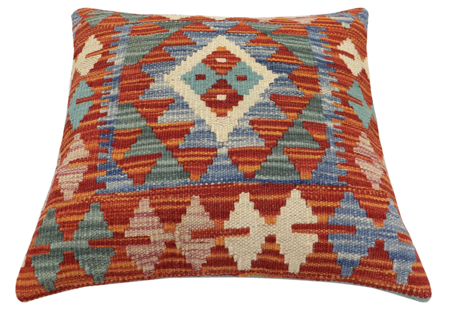 handmade Traditional Pillow Rust Blue Hand-Woven SQUARE 100% WOOL Hand woven turkish pillow2 x 2