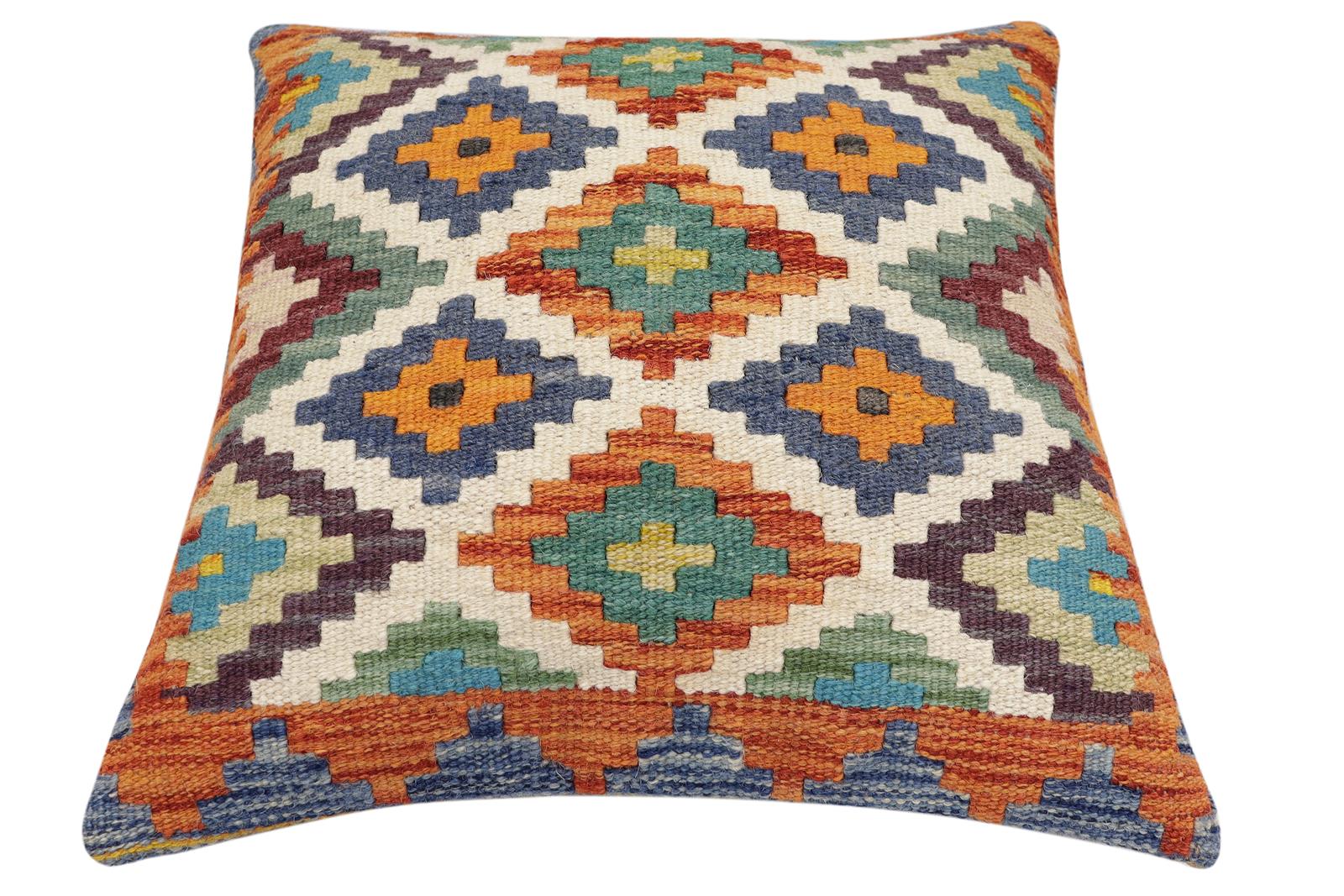 handmade Traditional Pillow Rust Blue Hand-Woven SQUARE 100% WOOL Hand woven turkish pillow2 x 2