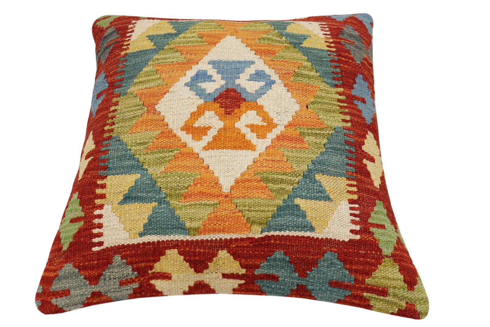 handmade Traditional Pillow Rust Blue Hand-Woven SQUARE 100% WOOL Hand woven turkish pillow2 x 2