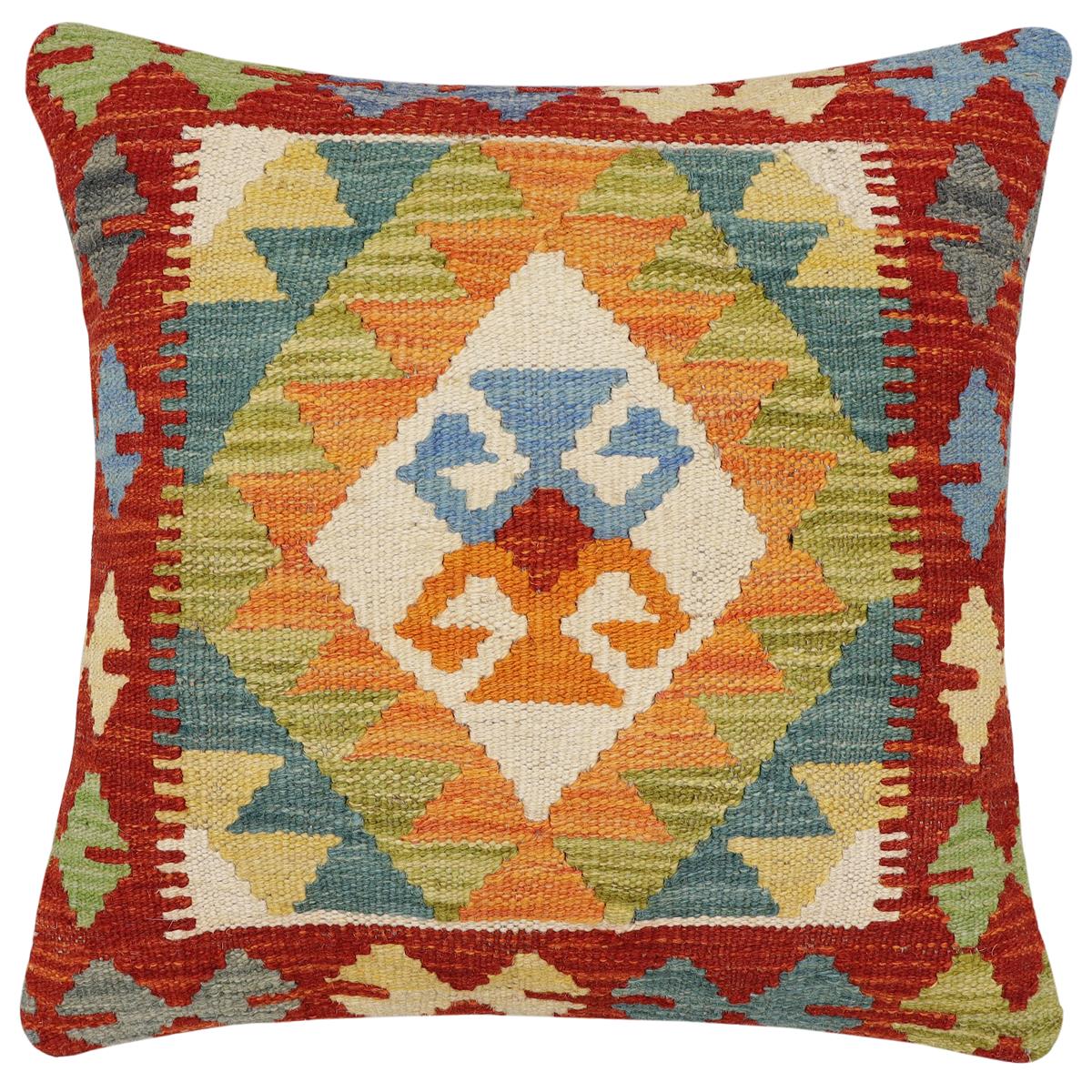 handmade Traditional Pillow Rust Blue Hand-Woven SQUARE 100% WOOL Hand woven turkish pillow2 x 2