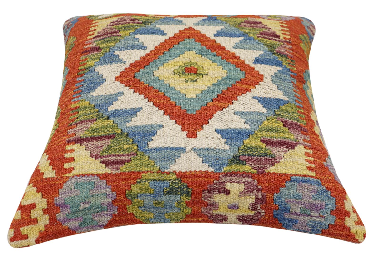 handmade Traditional Pillow Rust Blue Hand-Woven SQUARE 100% WOOL Hand woven turkish pillow2 x 2