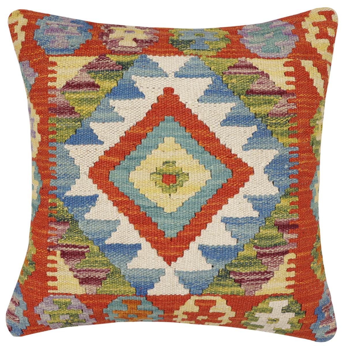 handmade Traditional Pillow Rust Blue Hand-Woven SQUARE 100% WOOL Hand woven turkish pillow2 x 2