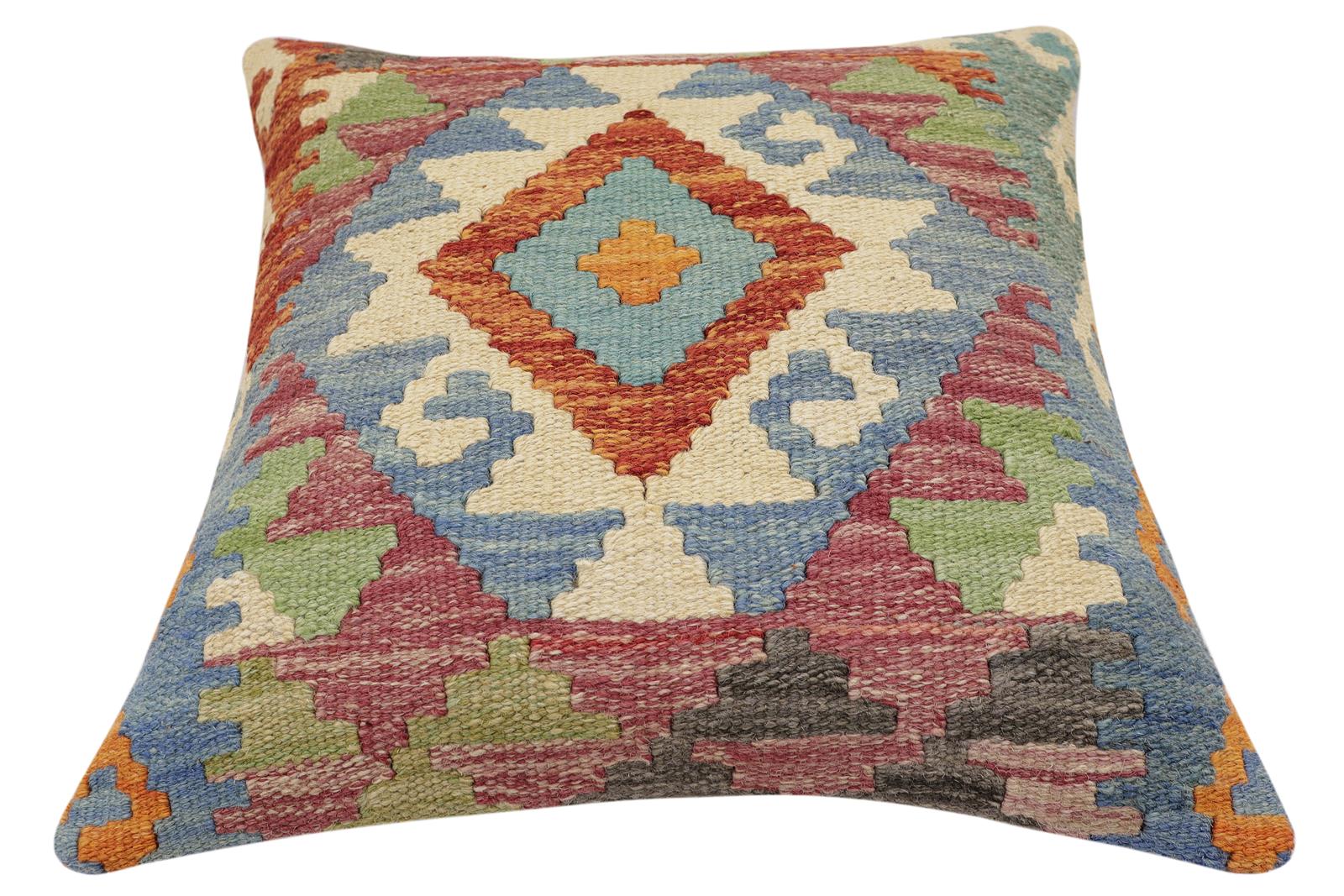 handmade Traditional Pillow Rust Blue Hand-Woven SQUARE 100% WOOL Hand woven turkish pillow2 x 2