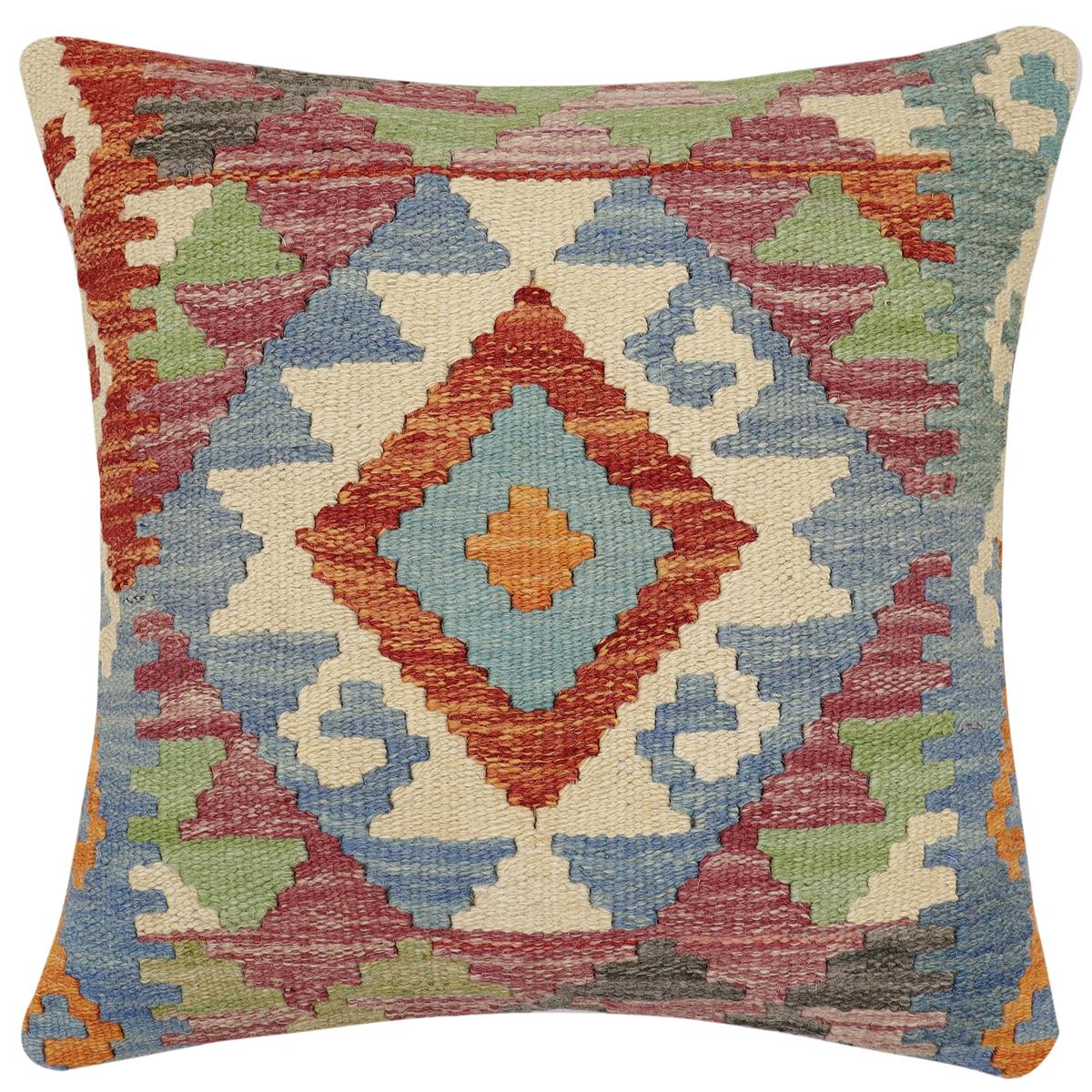 handmade Traditional Pillow Rust Blue Hand-Woven SQUARE 100% WOOL Hand woven turkish pillow2 x 2