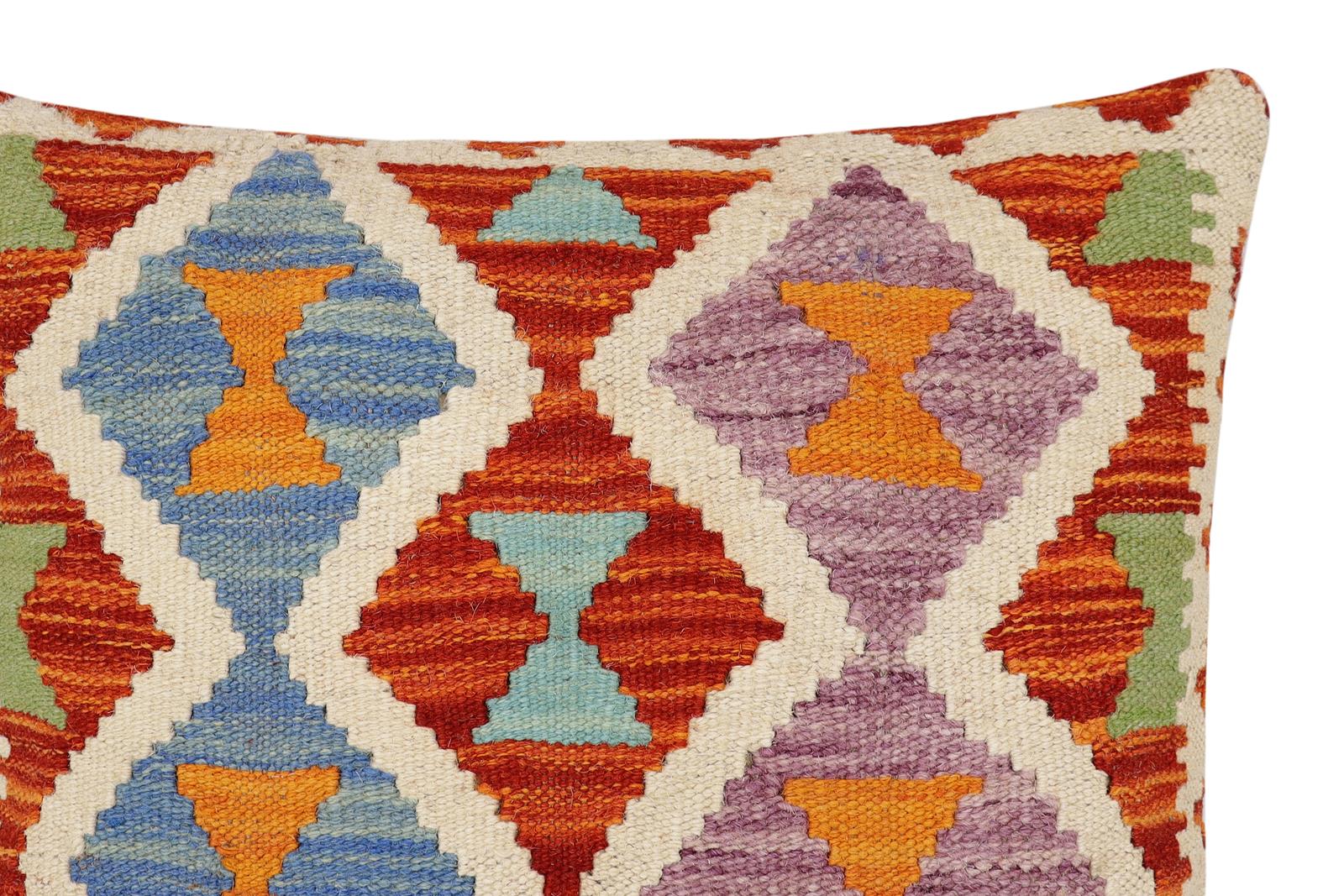 handmade Traditional Pillow Rust Blue Hand-Woven SQUARE 100% WOOL Hand woven turkish pillow2 x 2