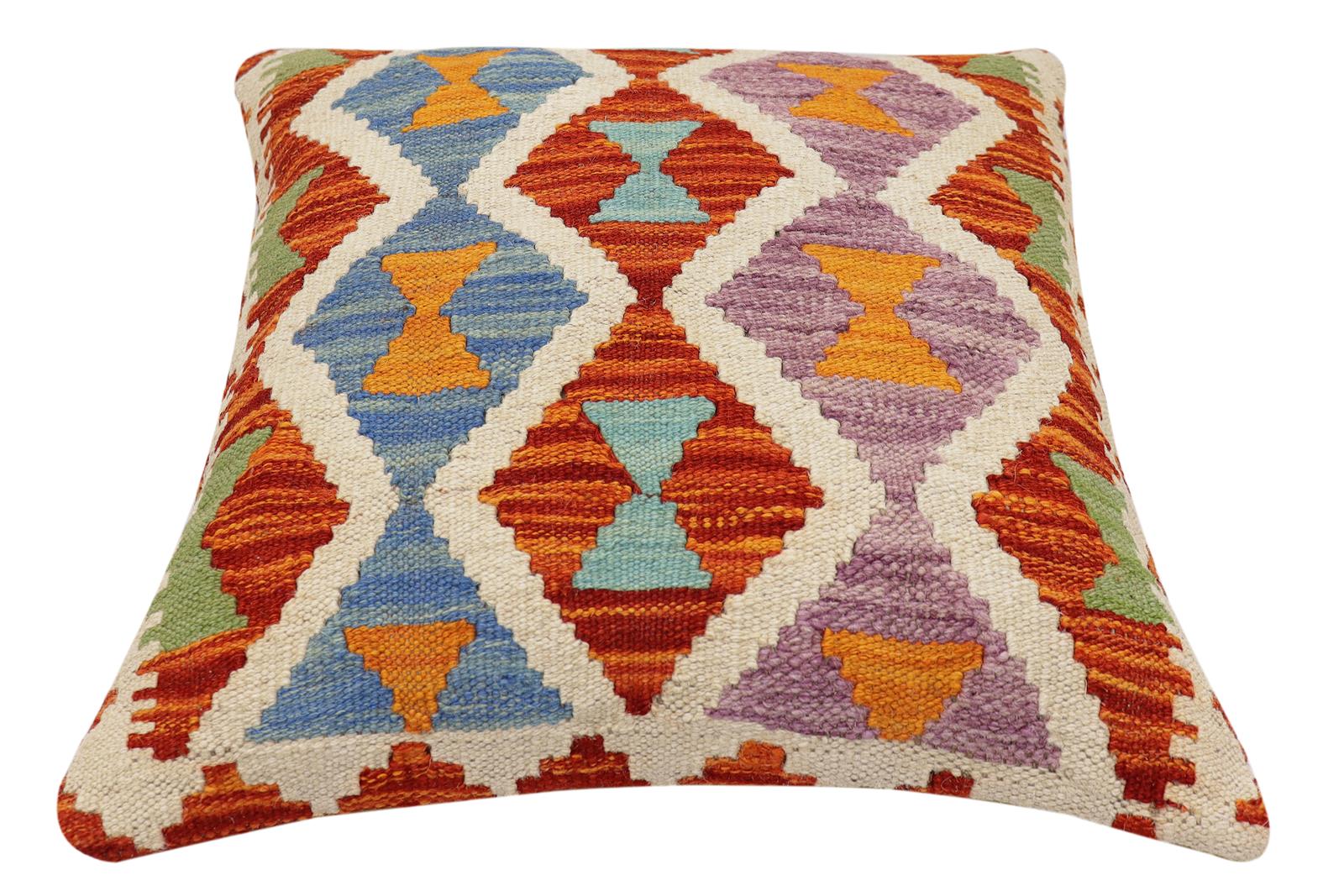 handmade Traditional Pillow Rust Blue Hand-Woven SQUARE 100% WOOL Hand woven turkish pillow2 x 2