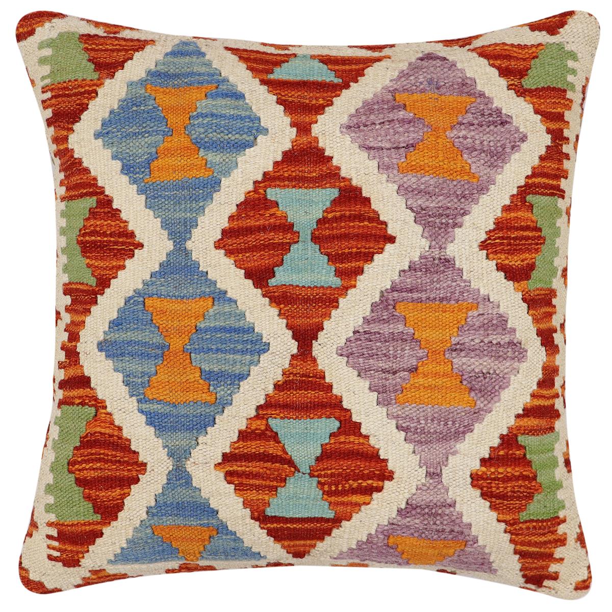 handmade Traditional Pillow Rust Blue Hand-Woven SQUARE 100% WOOL Hand woven turkish pillow2 x 2