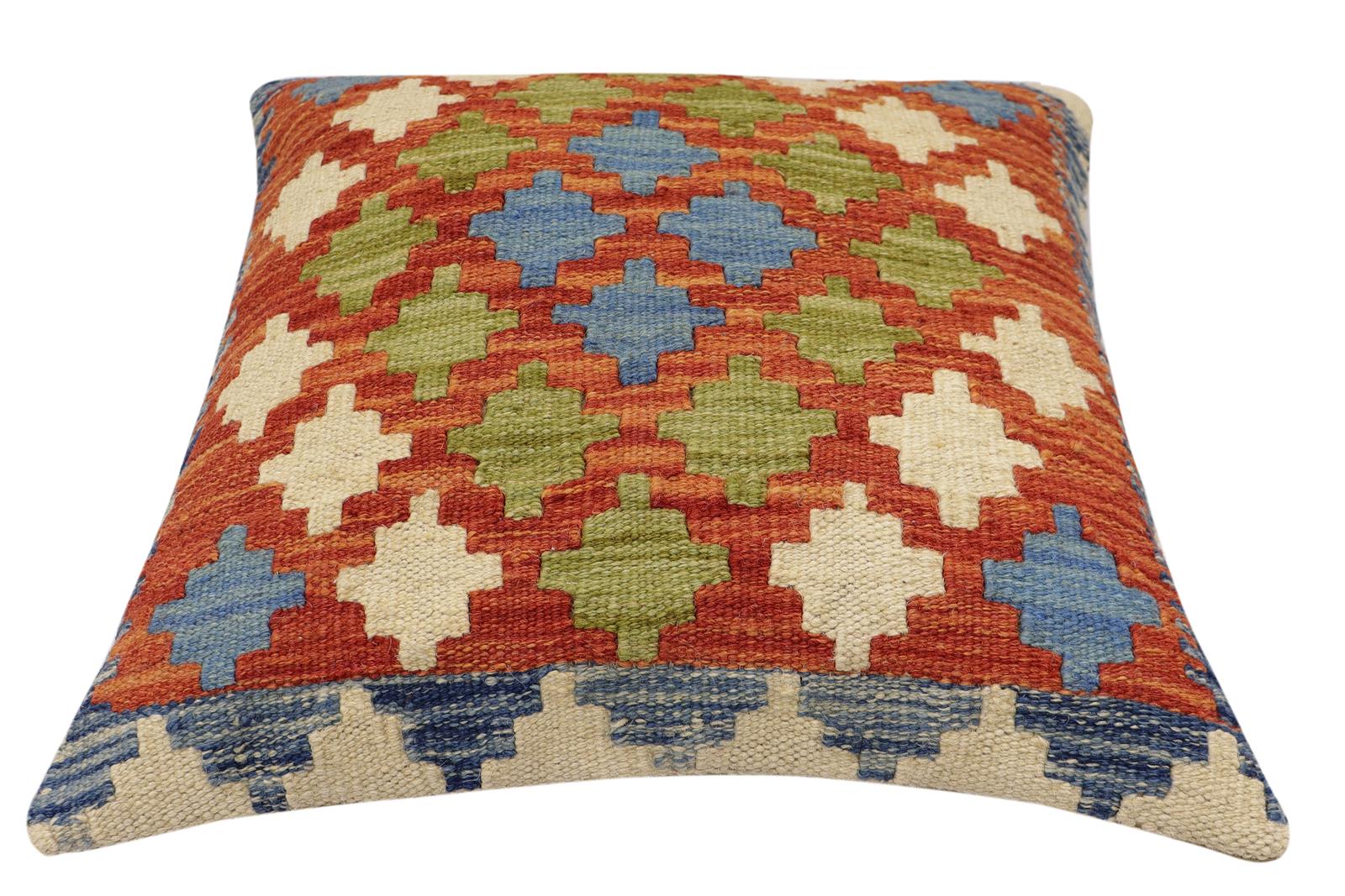 handmade Traditional Pillow Rust Blue Hand-Woven SQUARE 100% WOOL Hand woven turkish pillow2 x 2