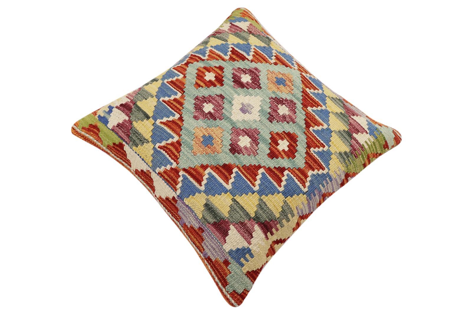 handmade Traditional Pillow Rust Blue Hand-Woven SQUARE 100% WOOL Hand woven turkish pillow2 x 2