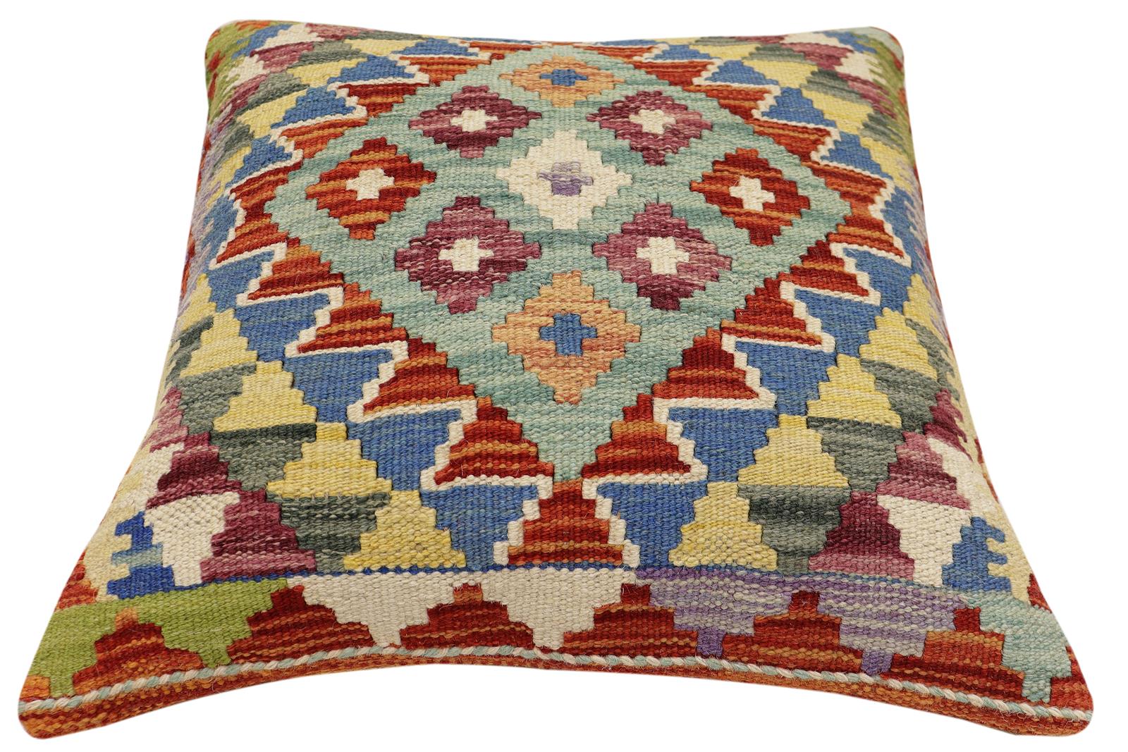 handmade Traditional Pillow Rust Blue Hand-Woven SQUARE 100% WOOL Hand woven turkish pillow2 x 2