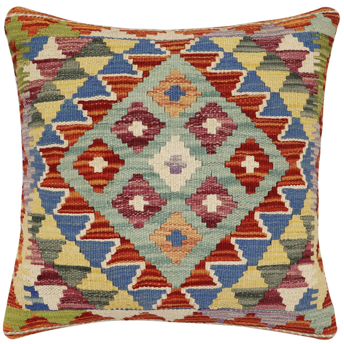 handmade Traditional Pillow Rust Blue Hand-Woven SQUARE 100% WOOL Hand woven turkish pillow2 x 2