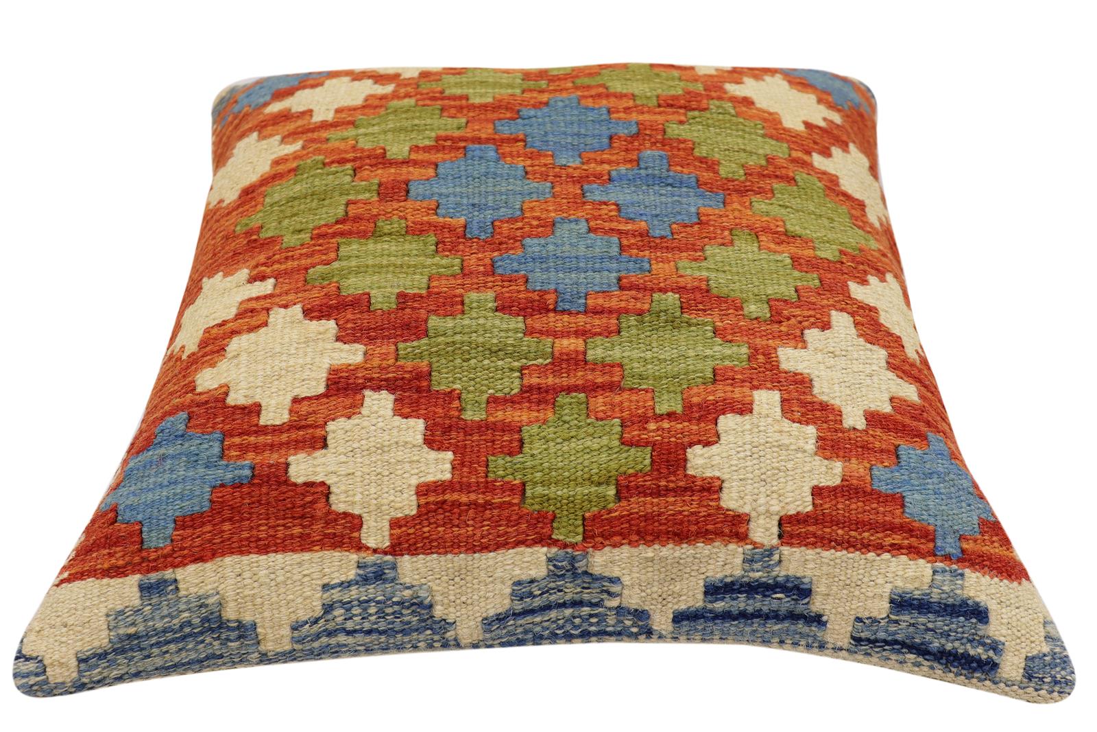 handmade Traditional Pillow Rust Blue Hand-Woven SQUARE 100% WOOL Hand woven turkish pillow2 x 2