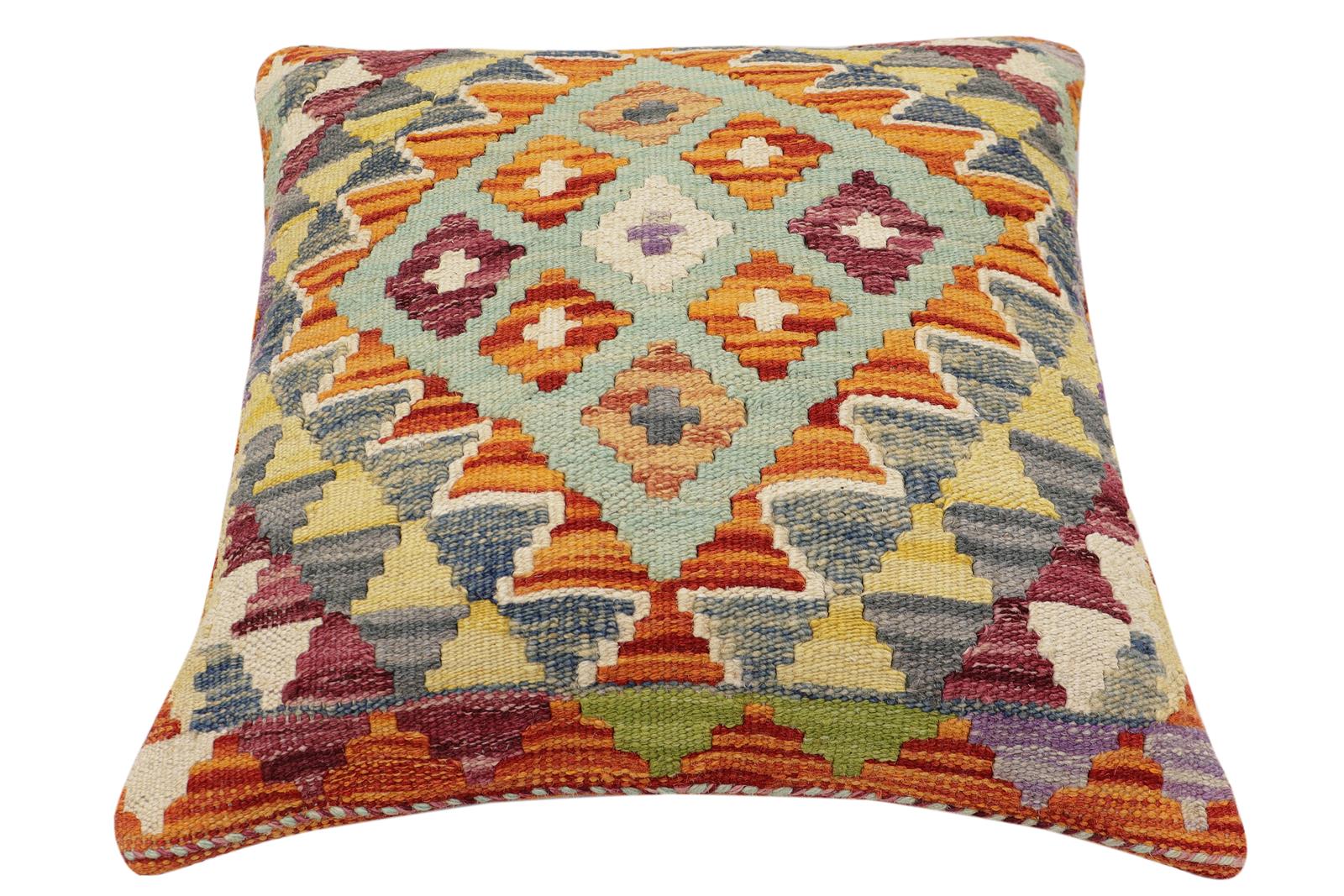 handmade Traditional Pillow Rust Blue Hand-Woven SQUARE 100% WOOL Hand woven turkish pillow2 x 2