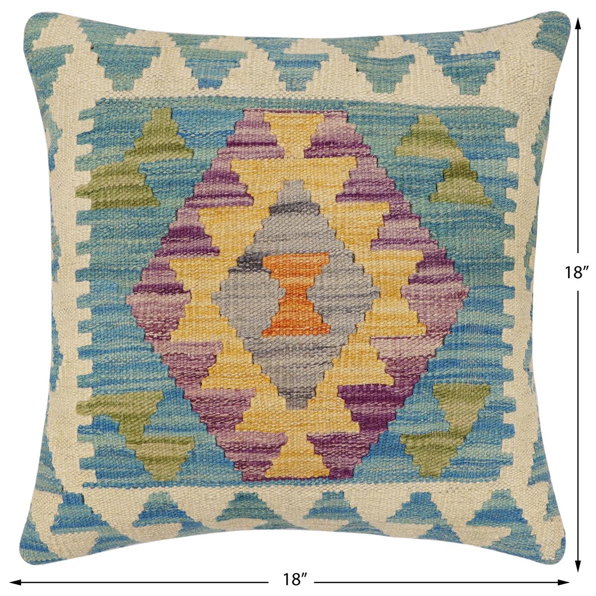 handmade Traditional Pillow Blue Beige Hand-Woven SQUARE 100% WOOL Hand woven turkish pillow2 x 2