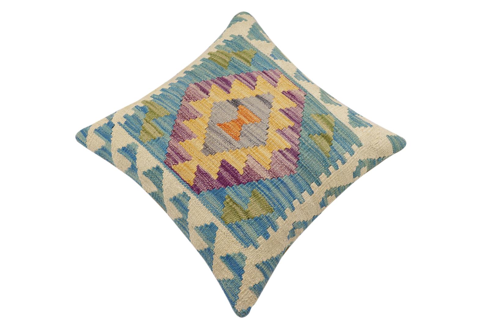 handmade Traditional Pillow Blue Beige Hand-Woven SQUARE 100% WOOL Hand woven turkish pillow2 x 2
