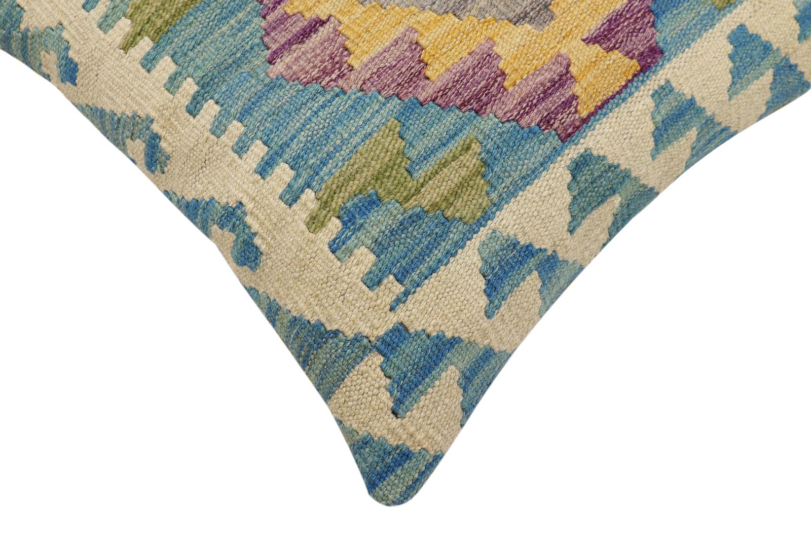 handmade Traditional Pillow Blue Beige Hand-Woven SQUARE 100% WOOL Hand woven turkish pillow2 x 2