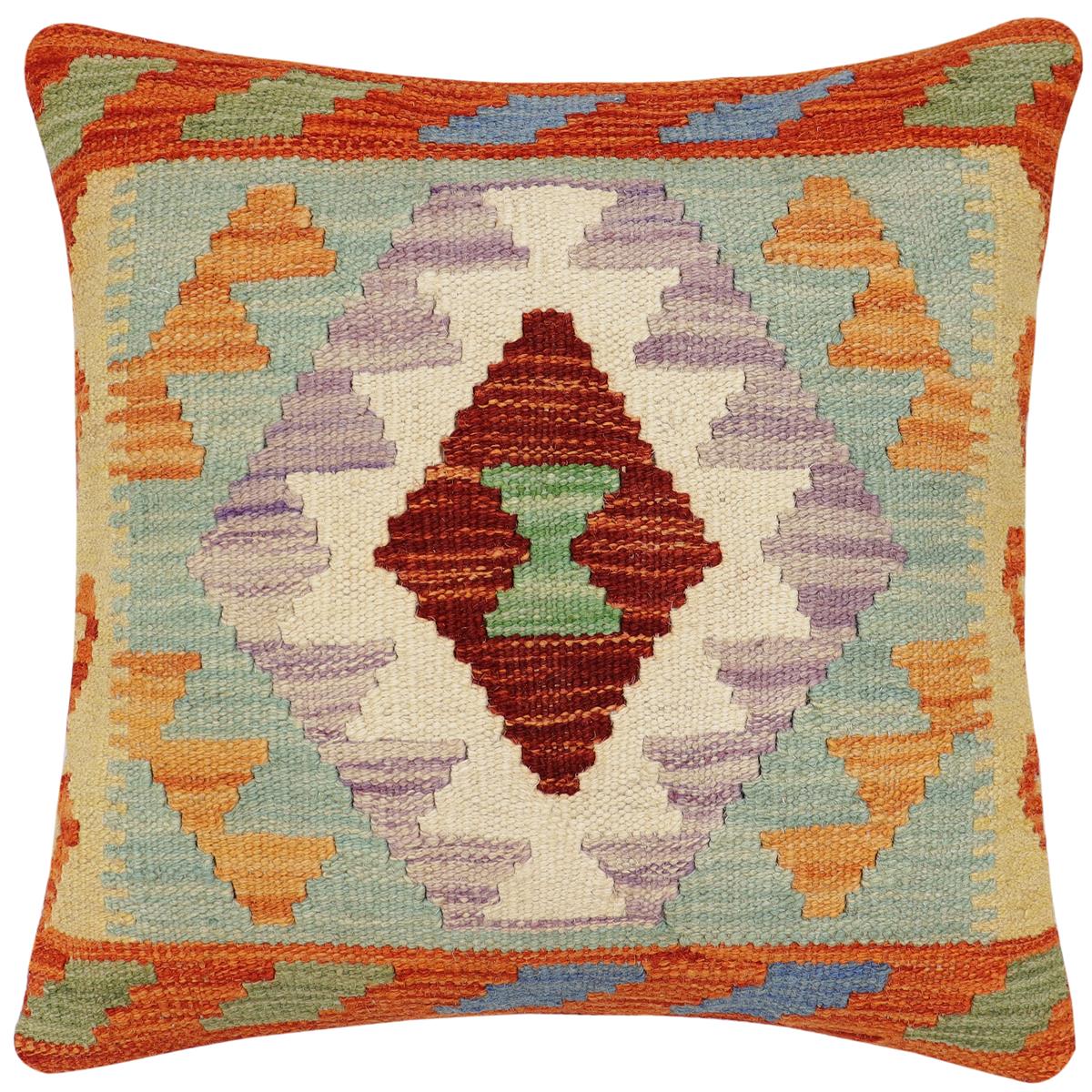 handmade Traditional Pillow Rust Blue Hand-Woven SQUARE 100% WOOL Hand woven turkish pillow2 x 2