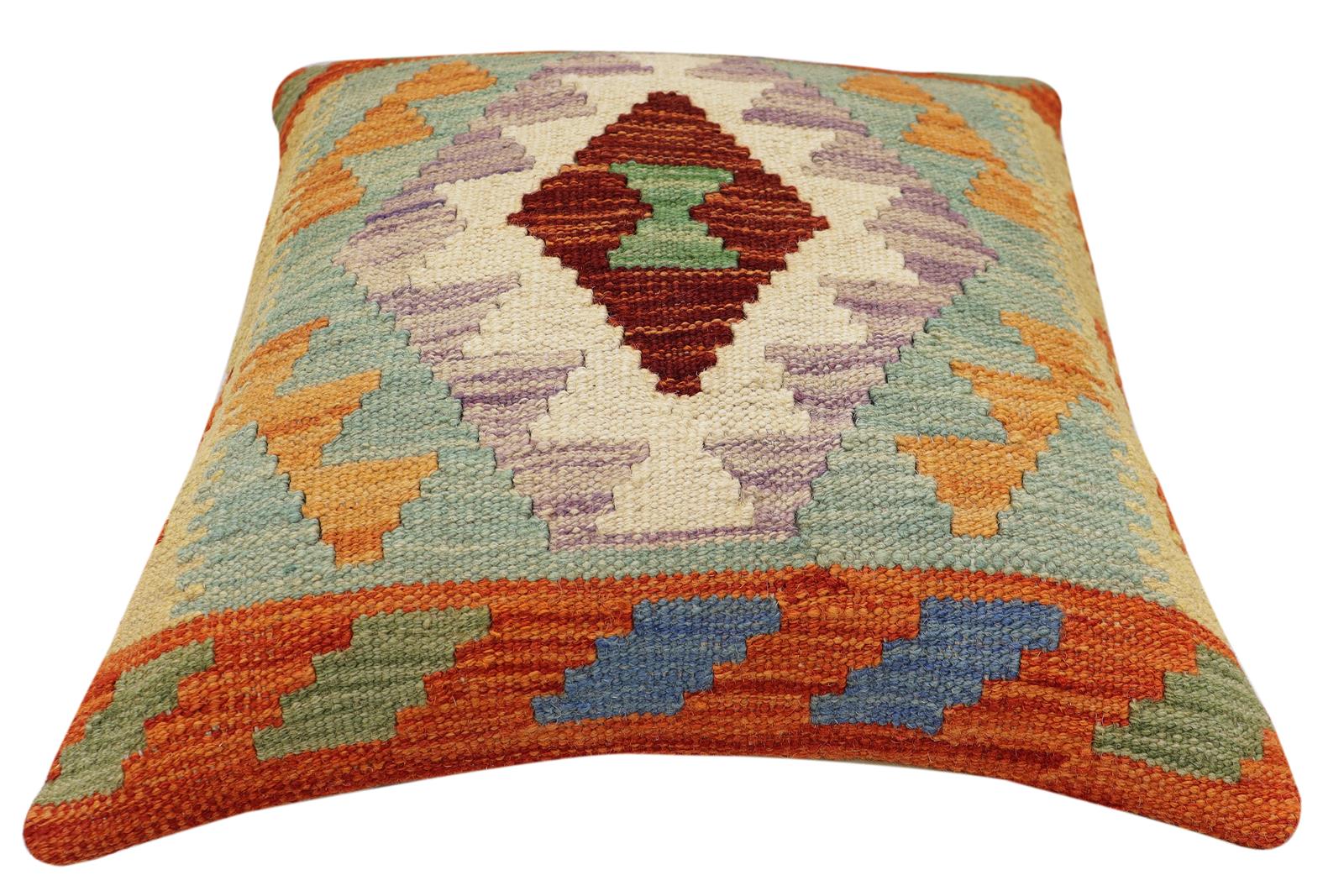 handmade Traditional Pillow Rust Blue Hand-Woven SQUARE 100% WOOL Hand woven turkish pillow2 x 2
