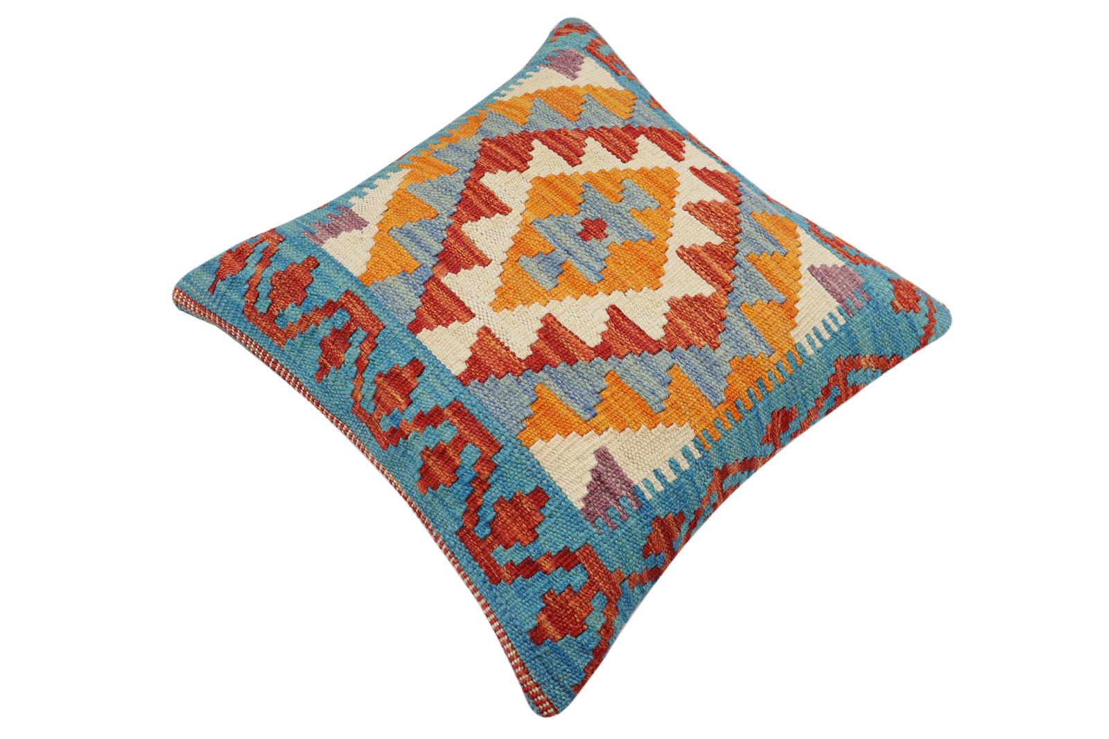 handmade Traditional Pillow Rust Blue Hand-Woven SQUARE 100% WOOL Hand woven turkish pillow2 x 2