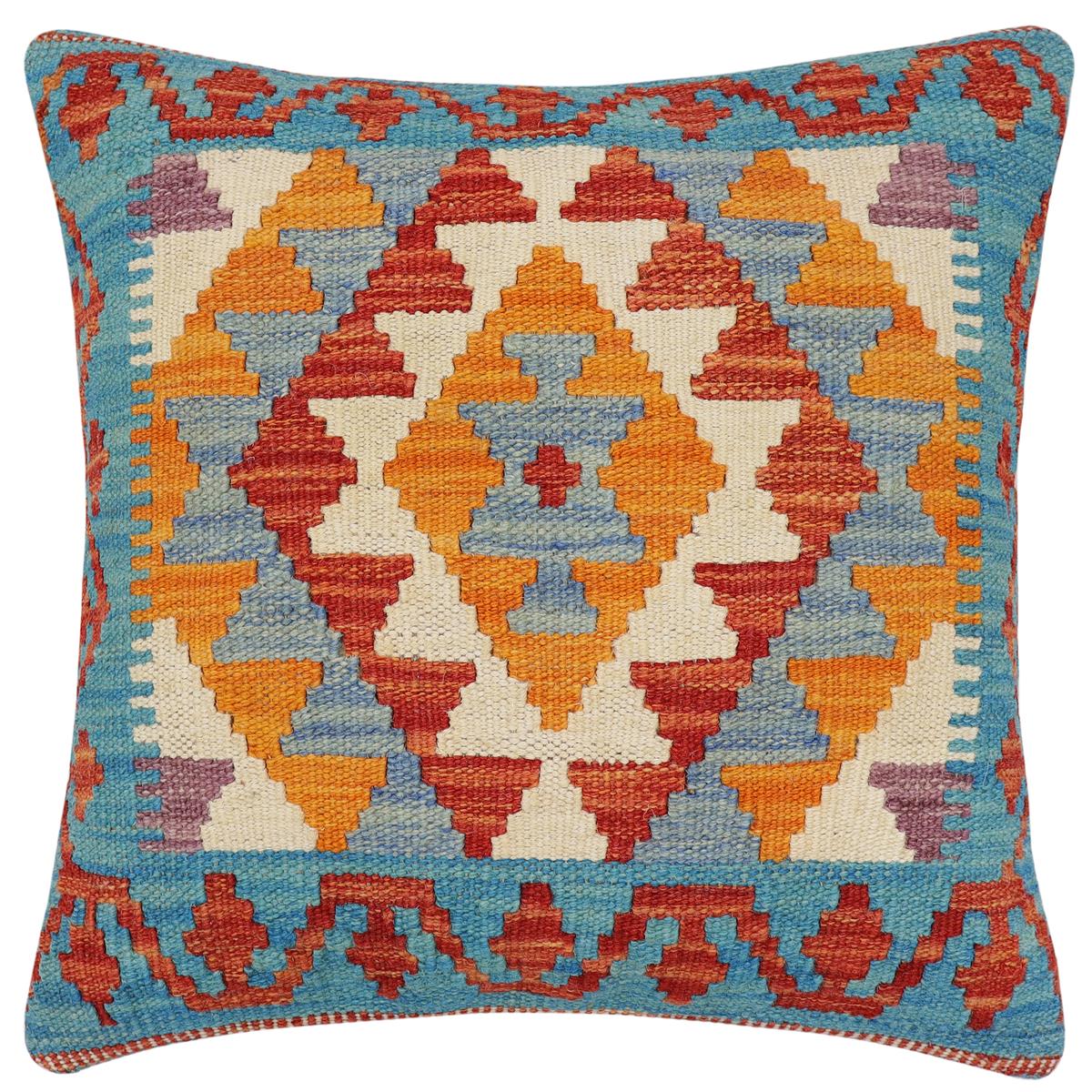 handmade Traditional Pillow Rust Blue Hand-Woven SQUARE 100% WOOL Hand woven turkish pillow2 x 2