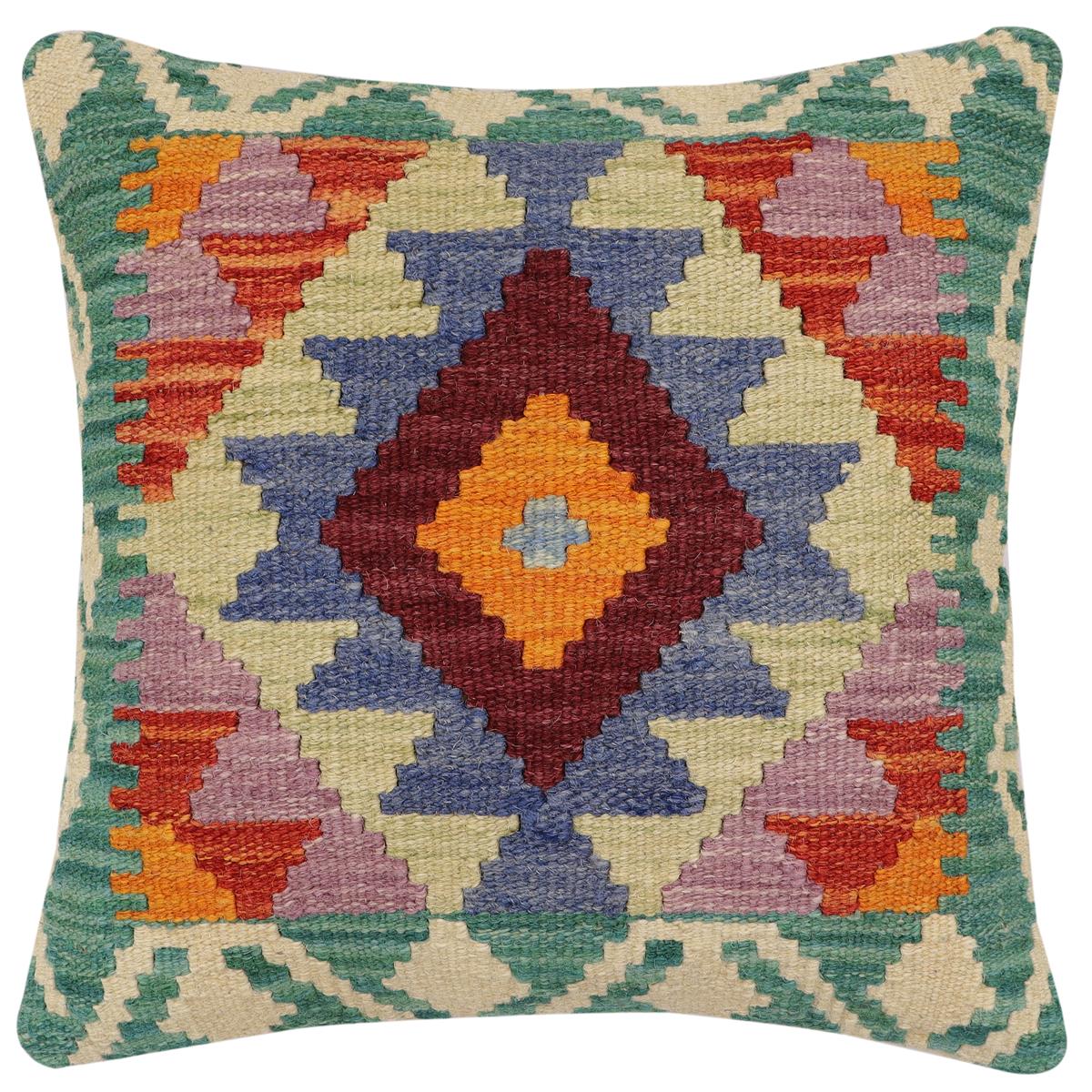 handmade Traditional Pillow Rust Blue Hand-Woven SQUARE 100% WOOL Hand woven turkish pillow2 x 2