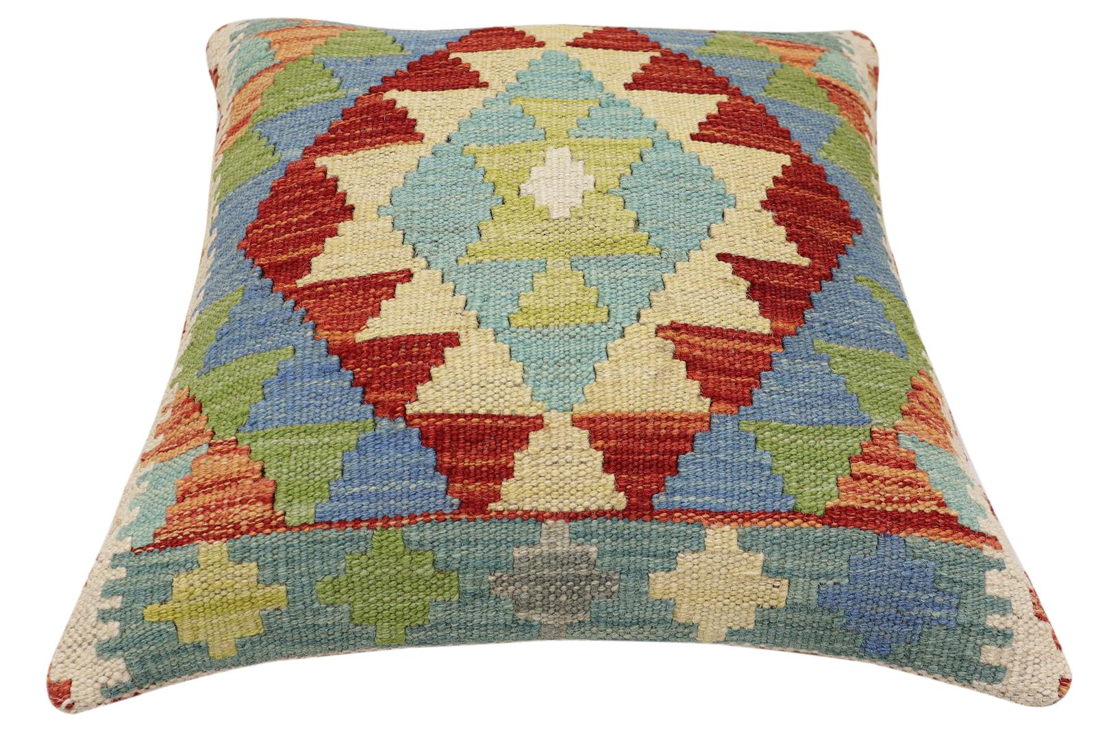 handmade Traditional Pillow Rust Blue Hand-Woven SQUARE 100% WOOL Hand woven turkish pillow2 x 2