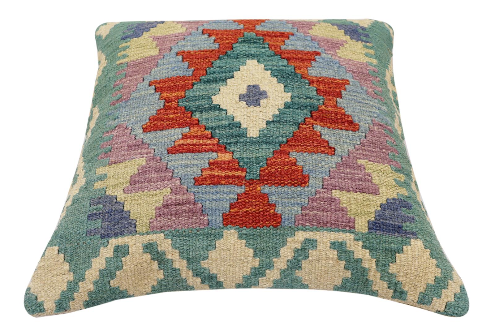 handmade Traditional Pillow Rust Blue Hand-Woven SQUARE 100% WOOL Hand woven turkish pillow2 x 2