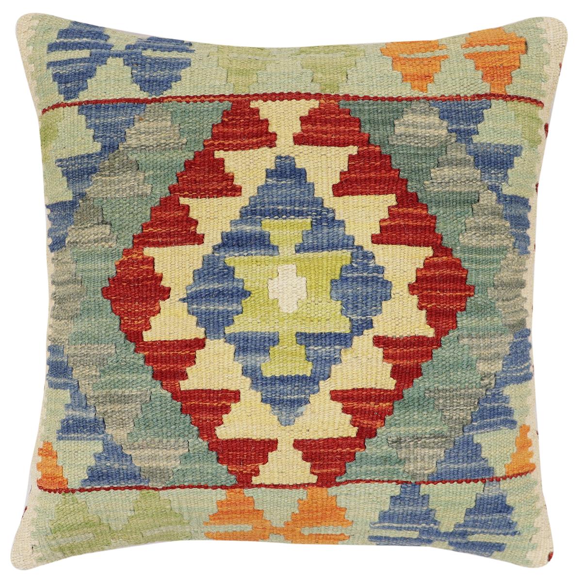 handmade Traditional Pillow Rust Blue Hand-Woven SQUARE 100% WOOL Hand woven turkish pillow2 x 2