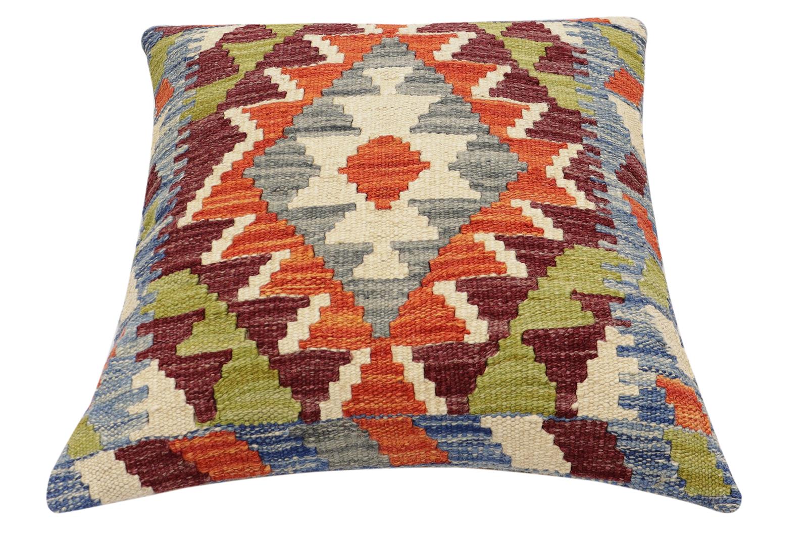 handmade Traditional Pillow Rust Blue Hand-Woven SQUARE 100% WOOL Hand woven turkish pillow2 x 2