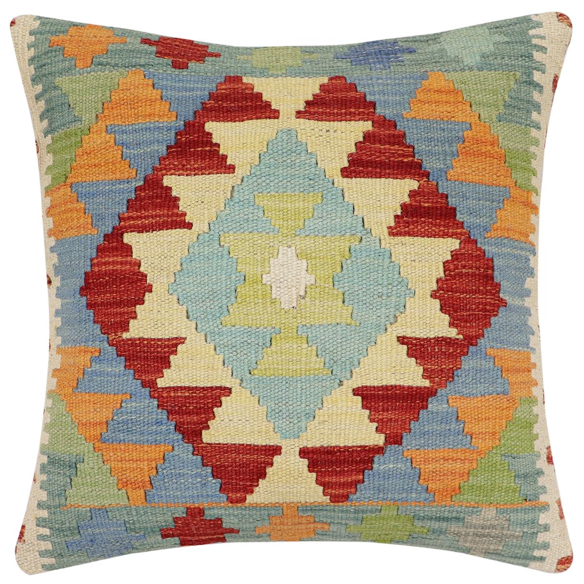 handmade Traditional Pillow Rust Blue Hand-Woven SQUARE 100% WOOL Hand woven turkish pillow2 x 2