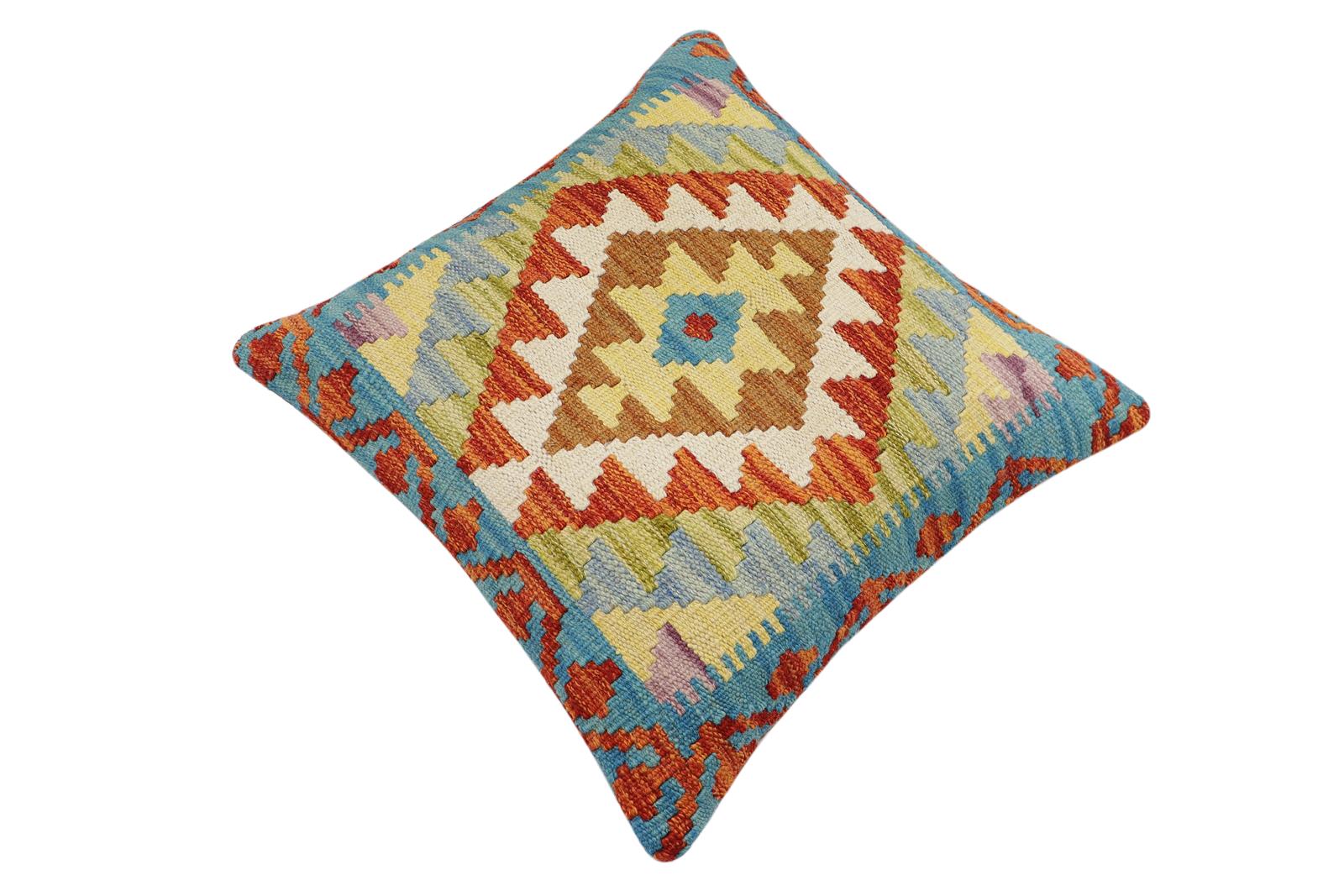 handmade Traditional Pillow Rust Blue Hand-Woven SQUARE 100% WOOL Hand woven turkish pillow2 x 2