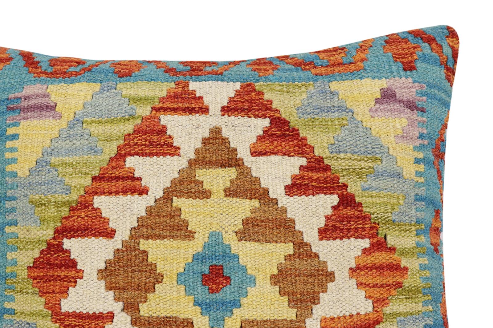handmade Traditional Pillow Rust Blue Hand-Woven SQUARE 100% WOOL Hand woven turkish pillow2 x 2