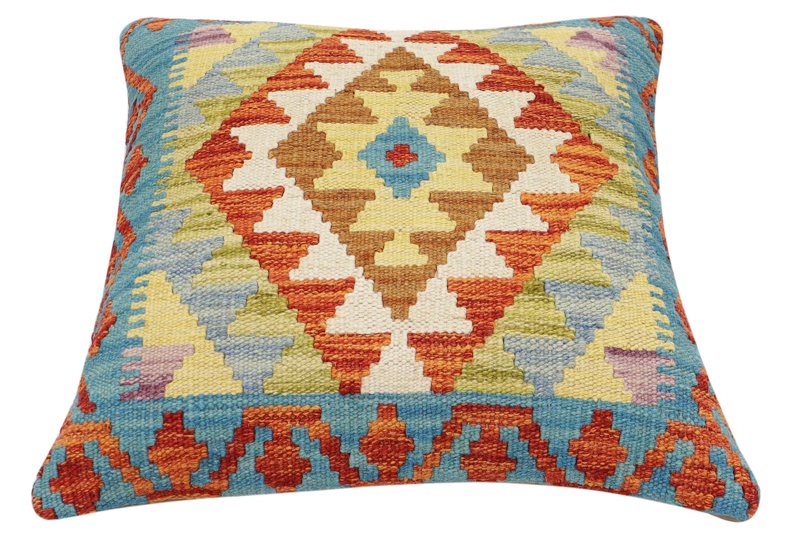 handmade Traditional Pillow Rust Blue Hand-Woven SQUARE 100% WOOL Hand woven turkish pillow2 x 2