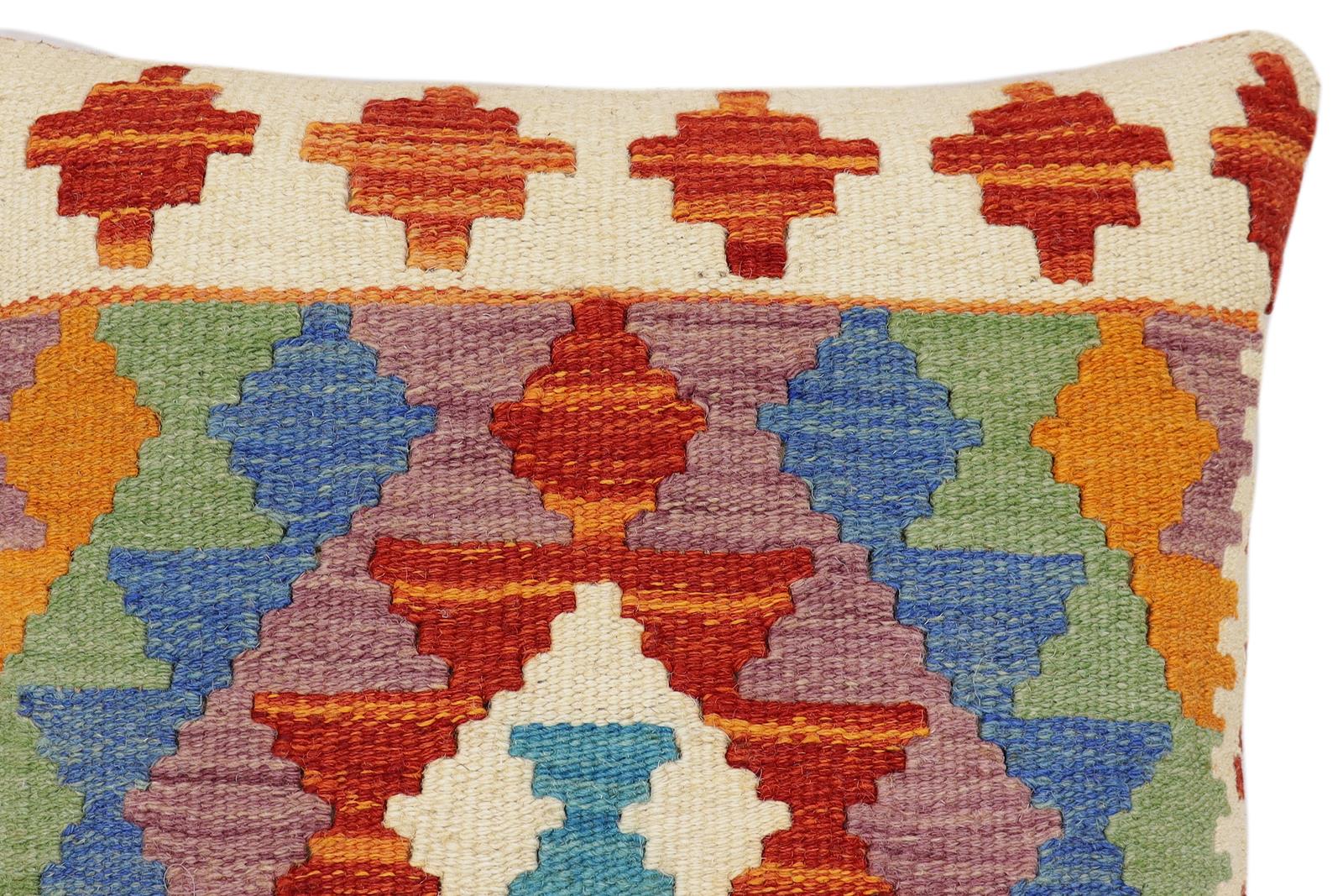 handmade Traditional Pillow Rust Blue Hand-Woven SQUARE 100% WOOL Hand woven turkish pillow2 x 2