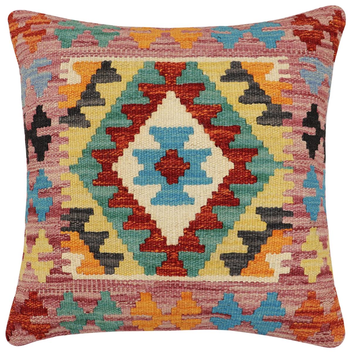 handmade Traditional Pillow Rust Blue Hand-Woven SQUARE 100% WOOL Hand woven turkish pillow2 x 2