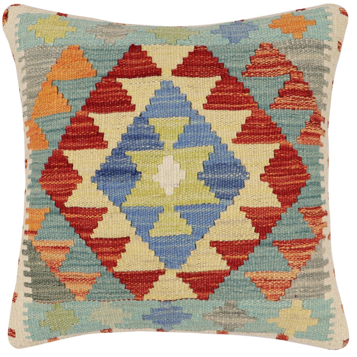 handmade Traditional Pillow Rust Blue Hand-Woven SQUARE 100% WOOL Hand woven turkish pillow2 x 2
