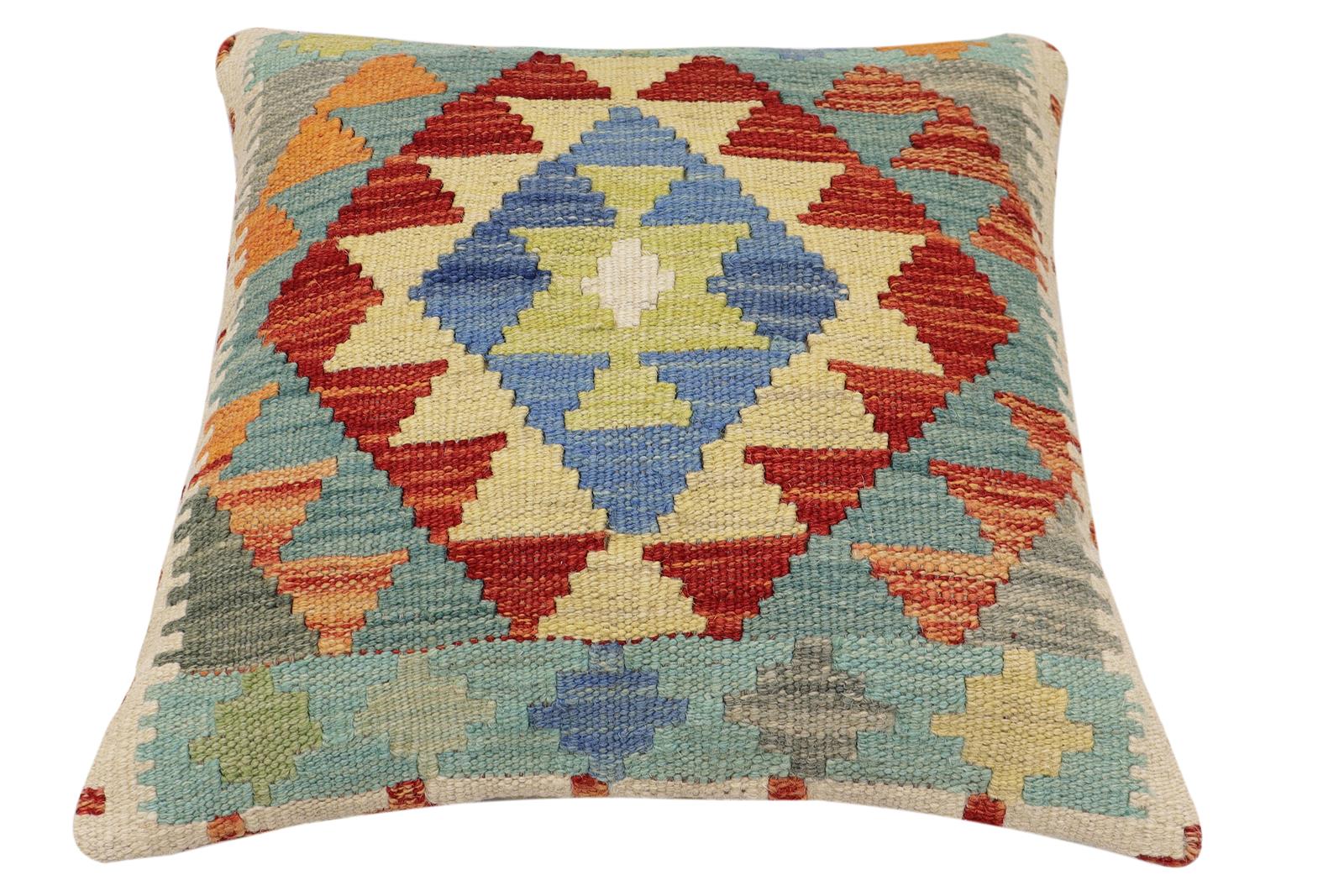 handmade Traditional Pillow Rust Blue Hand-Woven SQUARE 100% WOOL Hand woven turkish pillow2 x 2