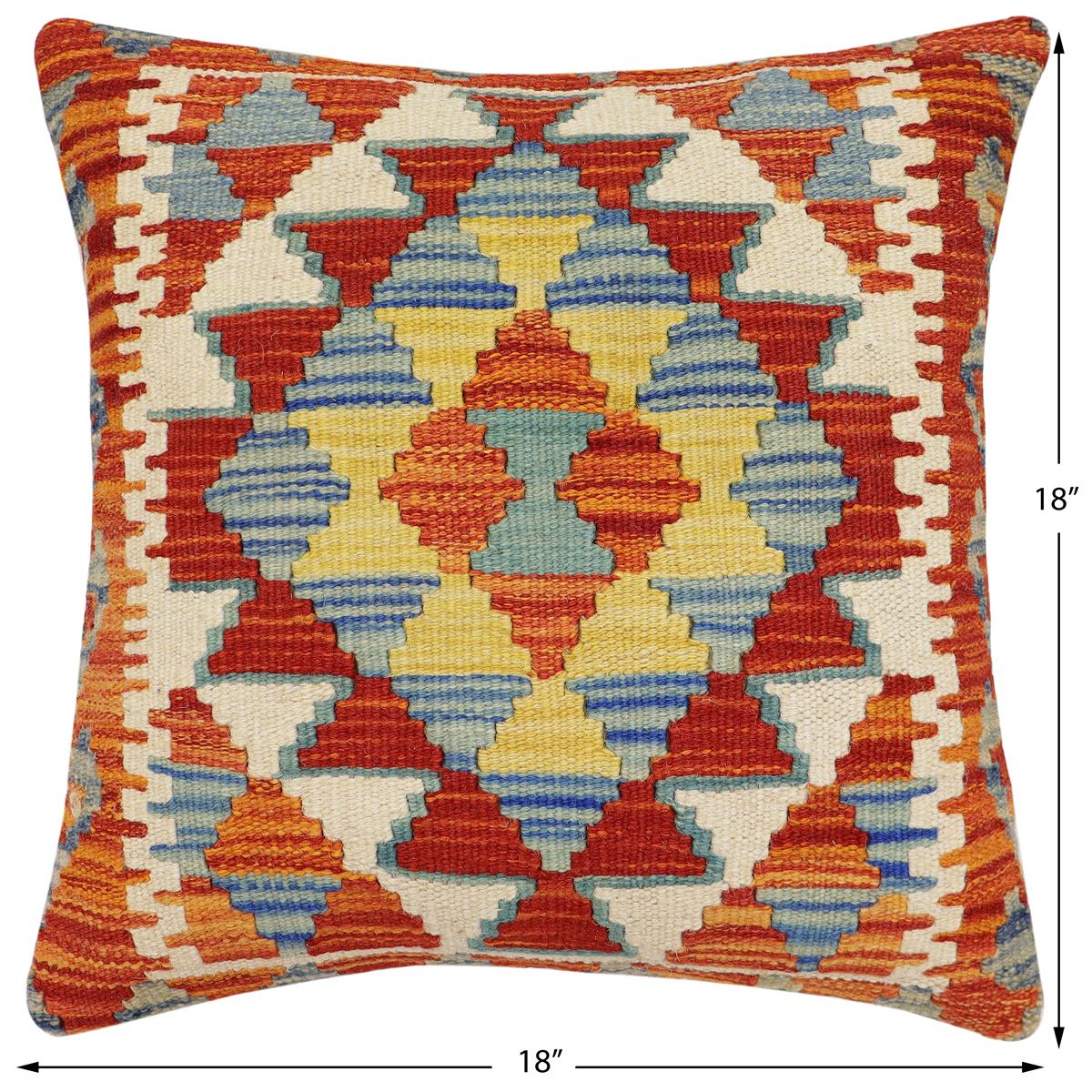 handmade Traditional Pillow Rust Blue Hand-Woven SQUARE 100% WOOL Hand woven turkish pillow2 x 2