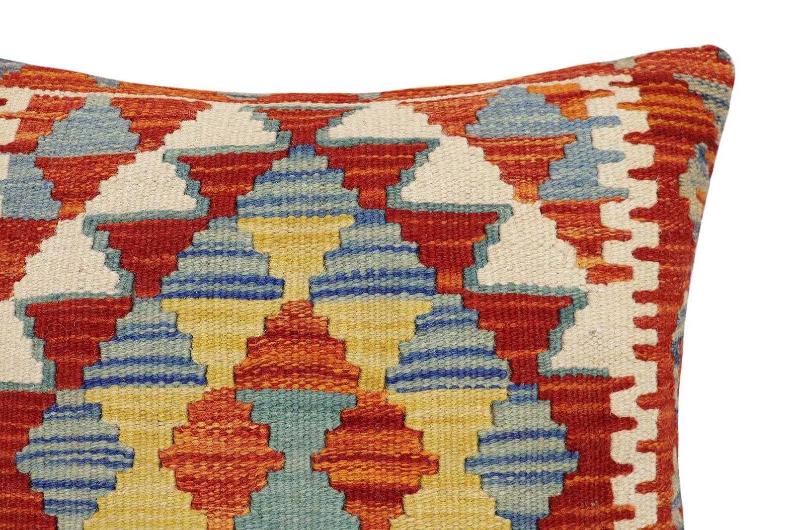 handmade Traditional Pillow Rust Blue Hand-Woven SQUARE 100% WOOL Hand woven turkish pillow2 x 2