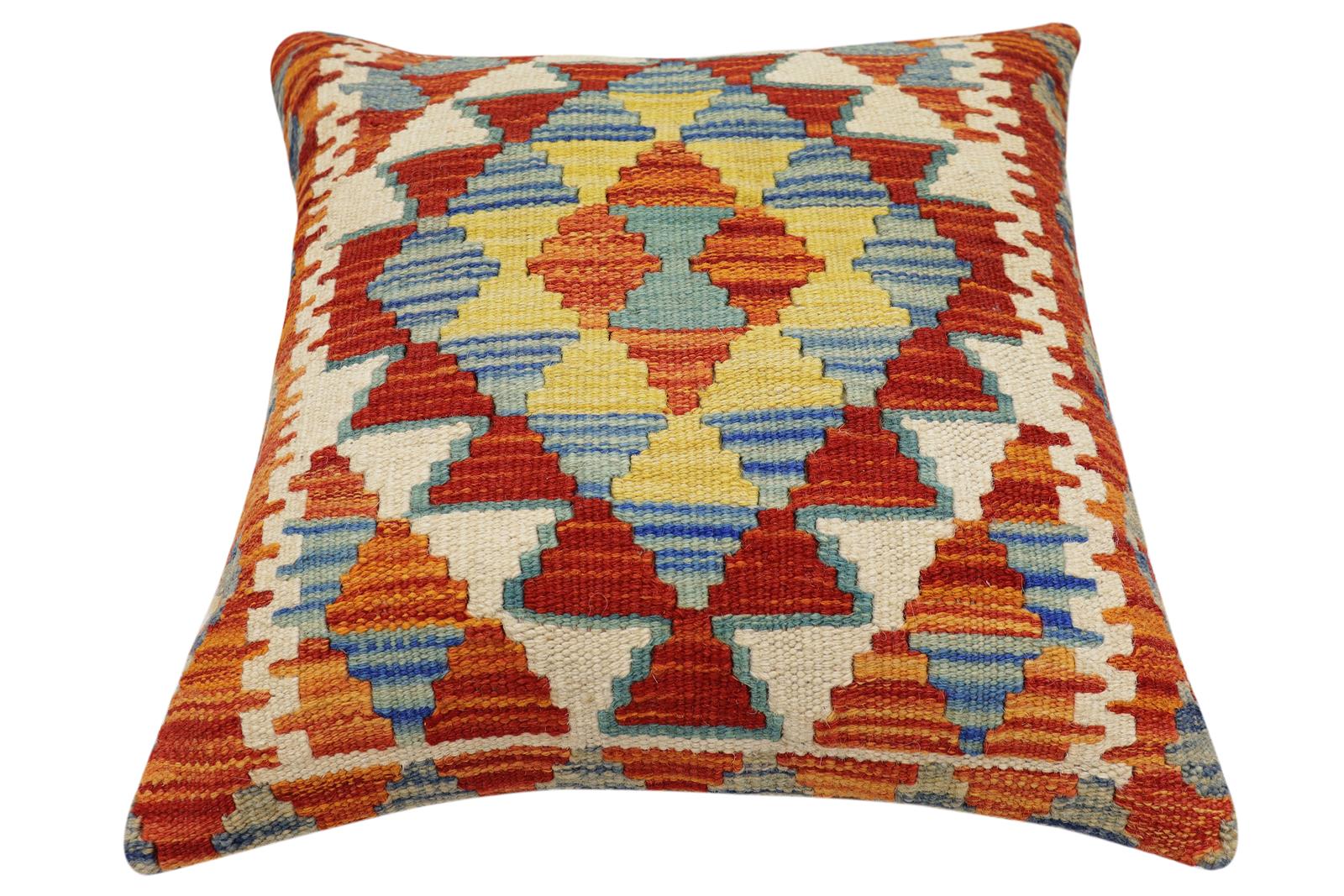 handmade Traditional Pillow Rust Blue Hand-Woven SQUARE 100% WOOL Hand woven turkish pillow2 x 2