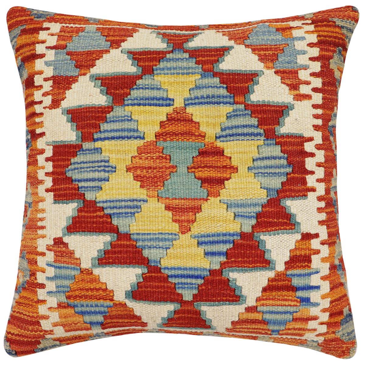 handmade Traditional Pillow Rust Blue Hand-Woven SQUARE 100% WOOL Hand woven turkish pillow2 x 2