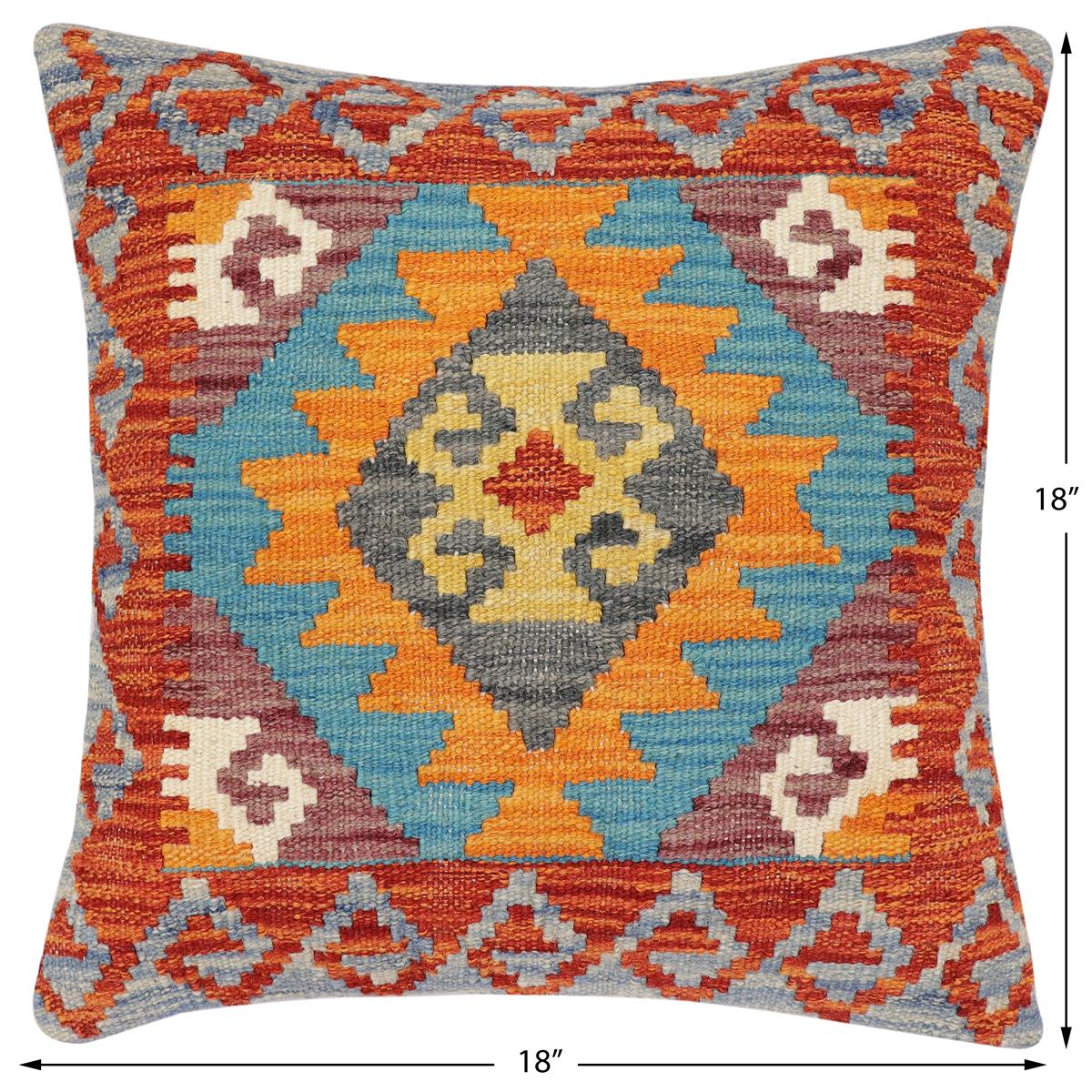handmade Traditional Pillow Rust Blue Hand-Woven SQUARE 100% WOOL Hand woven turkish pillow2 x 2