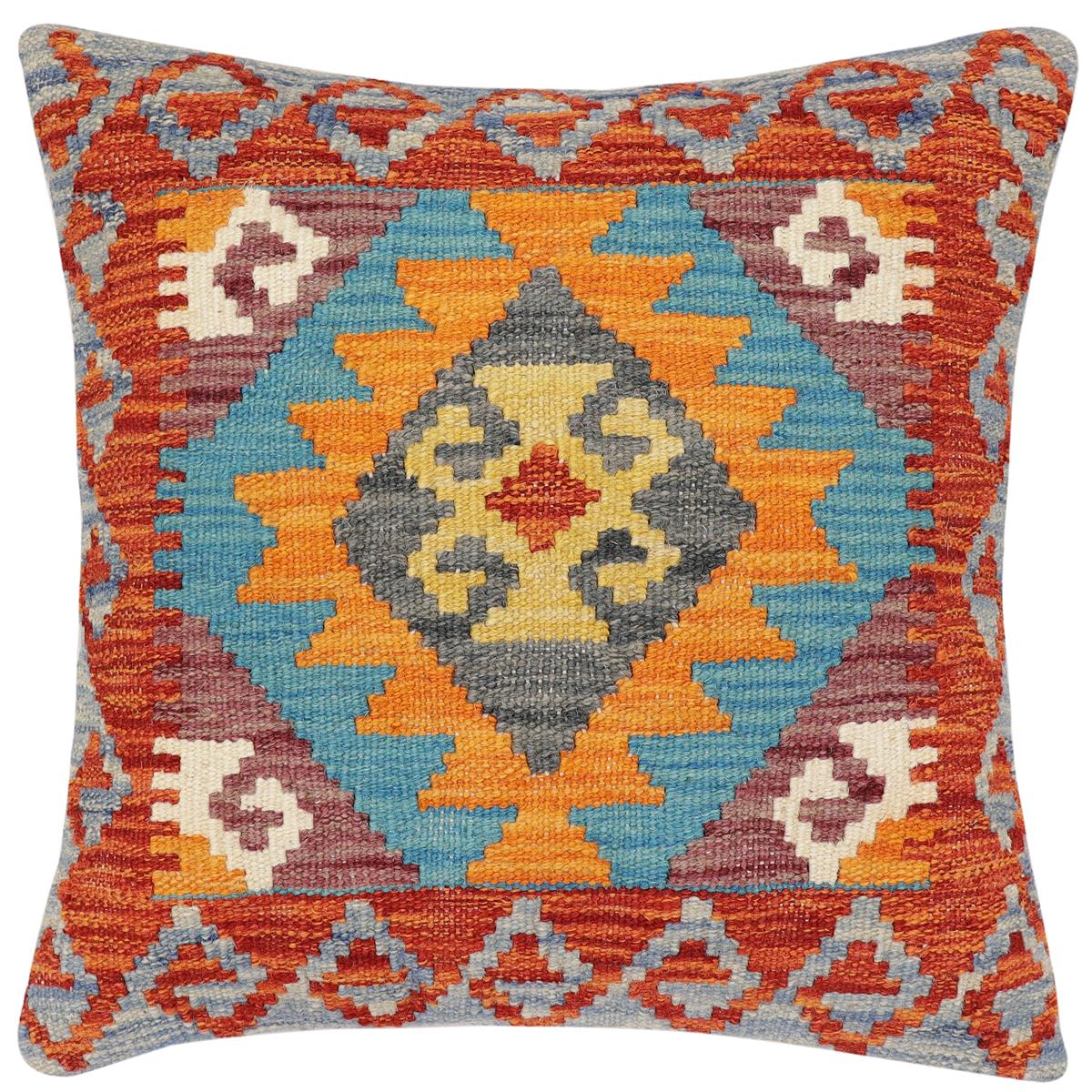 handmade Traditional Pillow Rust Blue Hand-Woven SQUARE 100% WOOL Hand woven turkish pillow2 x 2