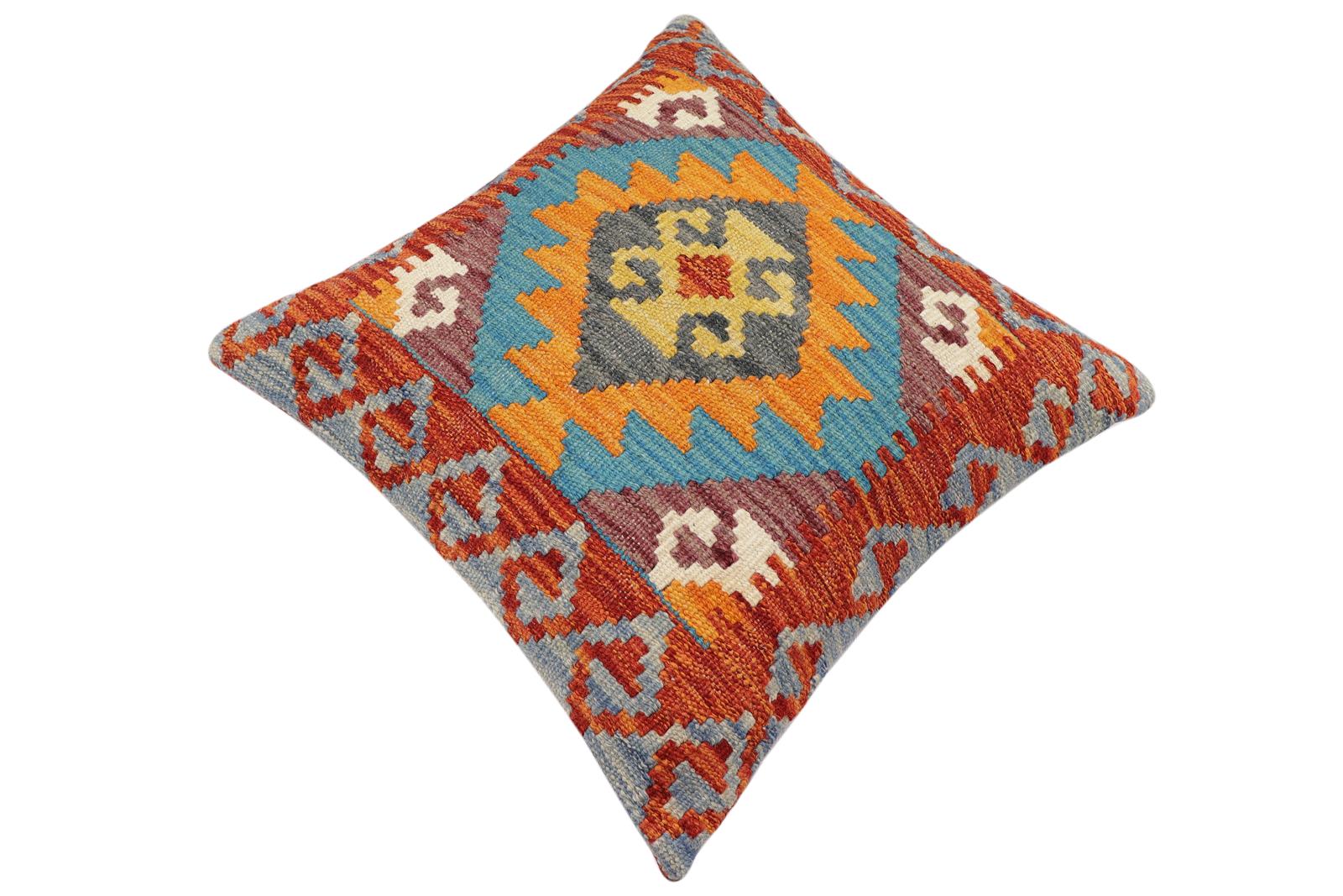 handmade Traditional Pillow Rust Blue Hand-Woven SQUARE 100% WOOL Hand woven turkish pillow2 x 2